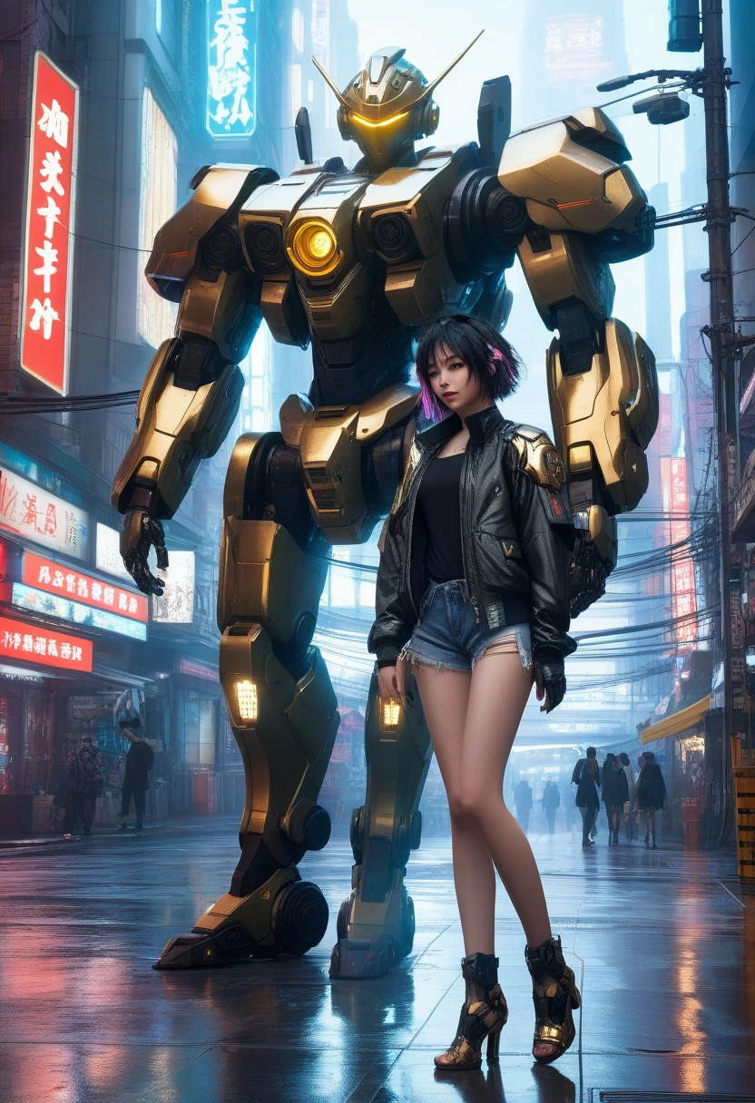 Boutique, Top Quality, Gold Jewelry, (Slip Out Feet), Fairy Skin, (Fidelity: 1.2), Standing, Ultra Detailed, Realistic, High Quality, Movie Lite, Ray Tracking, Ultra HD, Upper Body Girl in shorts and jacket standing next to a giant robot, Gwise style artwork, cyberpunk mecha, CGSTATION trend, Gwise, Russell Don Junru, Digital Cyberpunk Anime Art, Rostran 8K, Gwaiz from Art Station Pixiv, Girl in Mecha Network Armor