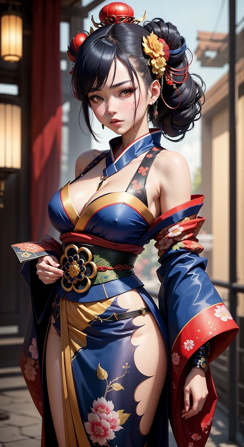 Beautiful flirtatiously smiling Asian, a very busty ronin wearing gold lace kimono, Meiji restoration, blue eyes, yojimbo, cleavage, HD, UHD, WLOP, Artgerm, braided hairstyle, large anime eyes, realistic eyes, highly detailed eyes, natural skin, natural skin texture, subsurface scattering, muted colors, skin pores, perfect face, perfect eyes, perfect full lips, supple female form, vivid, cinematic, Film light, Hyper detailed, Hyper-realistic, masterpiece, atmospheric, High resolution, Vibrant, High contrast, dark angle, 8k, HDR, 500px, full body