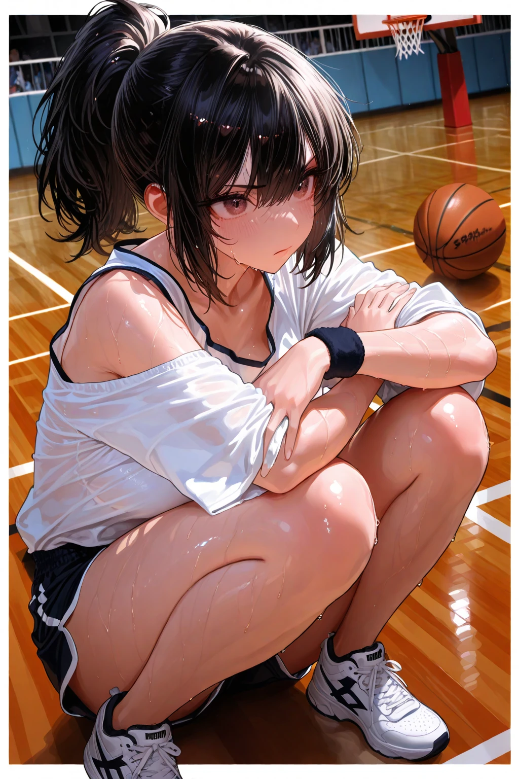 UHD, anatomically correct, 8K, (((masterpiece))), (((Best Quality))), (((ultra detailed))), (((high resolution))), ((super fine illustration)), ((ultimate girl)), detailed beautiful face, Alone, A girl, 17 years old, stomach, curves, big breasts, shiny hair, one eye closed, smile, (blush), BREAK, (((buruma))), ((sport jacket)), sale, ((wristbands)), ((Kneepads)), (((loose socks))), ((leg warmers)),  ((high top sneakers)), BREAK, ((Hug the beautiful 6-inch volleyball with both hands)), ((sweat)), (perspiring), (strong breathing), sense of depth, in the gym, Turning on, whole body, from below, looking at the spectators