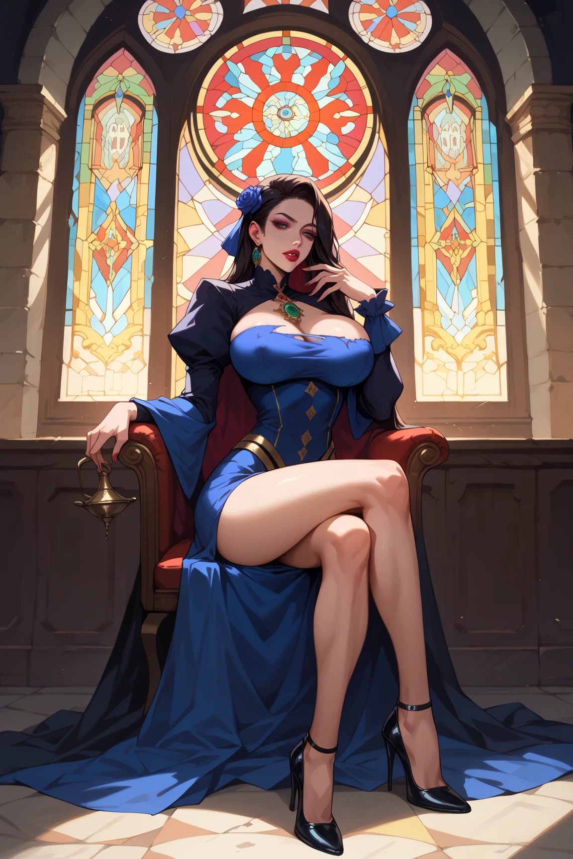 Court background,(Hands together:2.0),(dark blue curly short hair:2.0),british palace bun,Standing close-up,dream world,Royal sister,(Elongated danphoenix eyes,eye shadow,long eyelashes),Elongated danphoenix eyes,eye shadow,Contact lenses,Jade necklace,(Off the shouldersBaroque skirt,Off the shoulders,Widen hem,Shredded flower cloth:2.0),(big breast)ballroom background,(soft light and shadow:1.9),Intricate body jewelry,High heeled dancing shoes,Detailedly drawn backgrounds