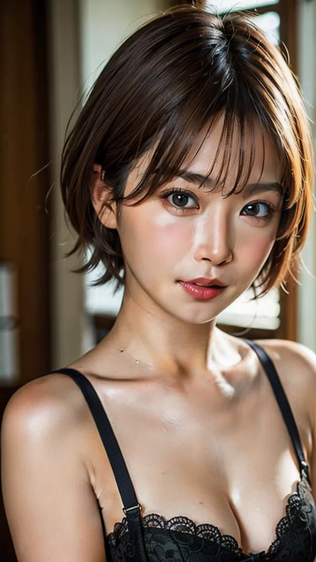 ((Highest quality, 8K, masterpiece :1.3)), (Sharp focus :1.2, Beautiful woman with perfect figure :1.4, Slim Abs :1.2), ((Big Breasts, Emphasize cleavage:1.3)), (Photorealistic:1.4), (realistic:1.4), (Short Bob Hair, Light brown hair:1.5), Highly detailed face and skin texture, Fine grain, double eyelid. Makeup face, A little bit of lipstick, sex appeal, Sexy gravure pose, ((:1.3)