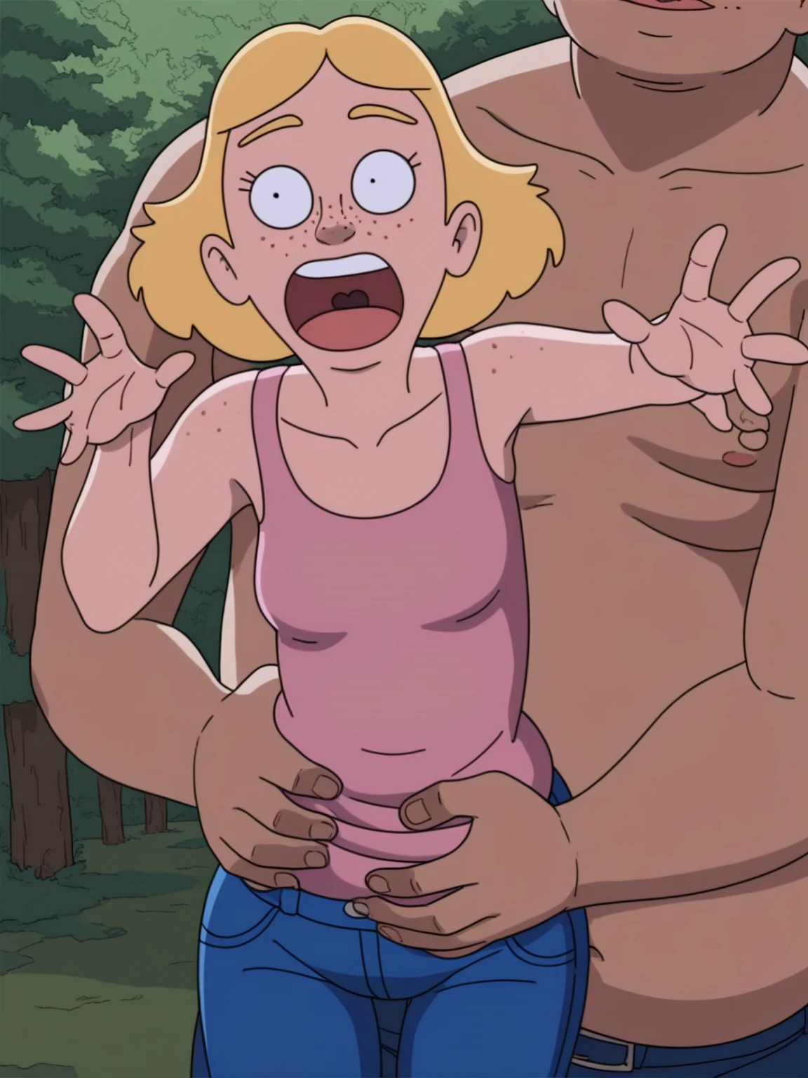 loud, kneeling, doggystyle sex, on all fours, blonde, nipples, naked, red diamond earrings, grass, a night, bushes, forced, tears, fat man, squint, eyeshadow