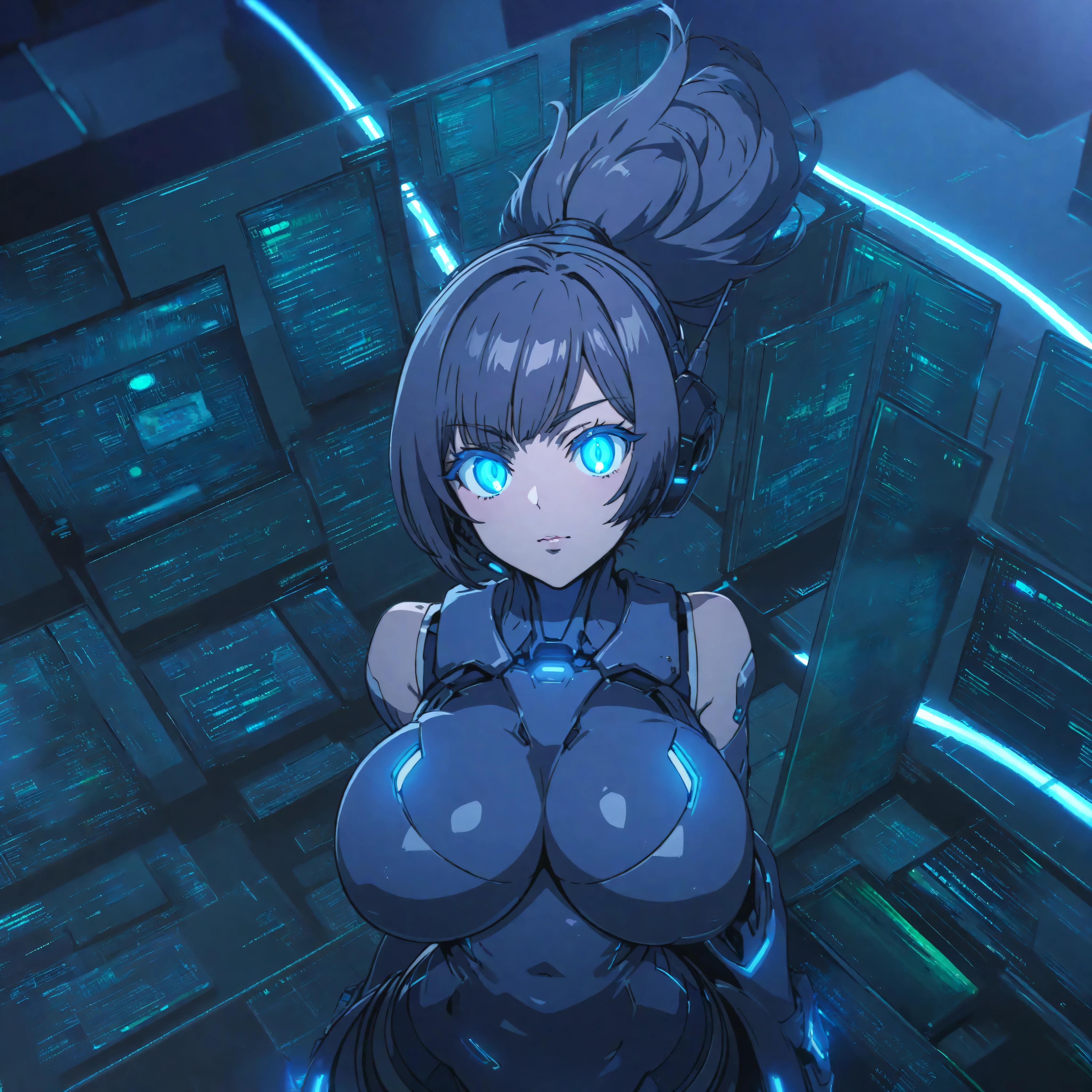 1girl, wide hips, standing, bulletproof vest, cyberpunk, dystopia, ghost in the shell, blue camo, blue body armor, full body shot, whole body, solo, cleavage, cleavage cutout, bike shorts, exposed legs, bare legs, exposed thighs, bare thighs, exposed knees, exposed calves, nsfw, nude, naked, sexy, tight clothes, skintight, exposed shoulders, exposed stomach, exposed hips, city skyscraper, street, tower, apartment, glowing eyes