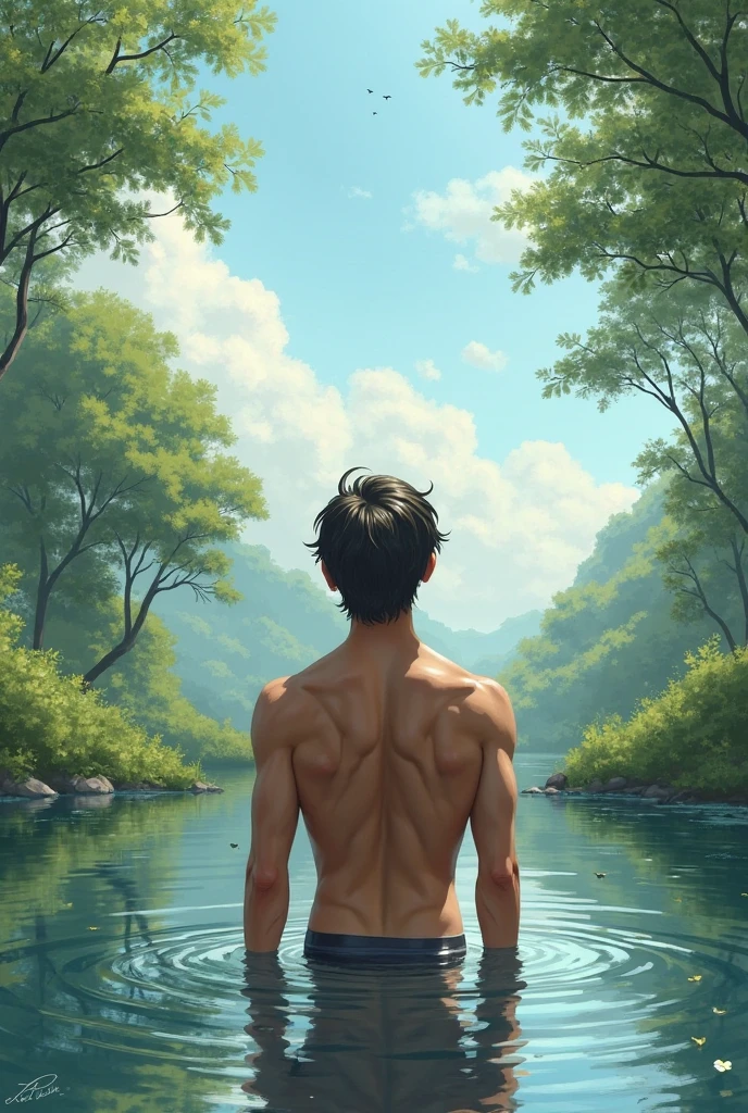 （tmasterpiece，Best quality at best，absurd res），1 person，naked boy, 20 year old, swimming underwater, skinny dipping, short spiked reddish-brown hair, toned body, embarrassed pose, full body, rear view, tied up, (river background)