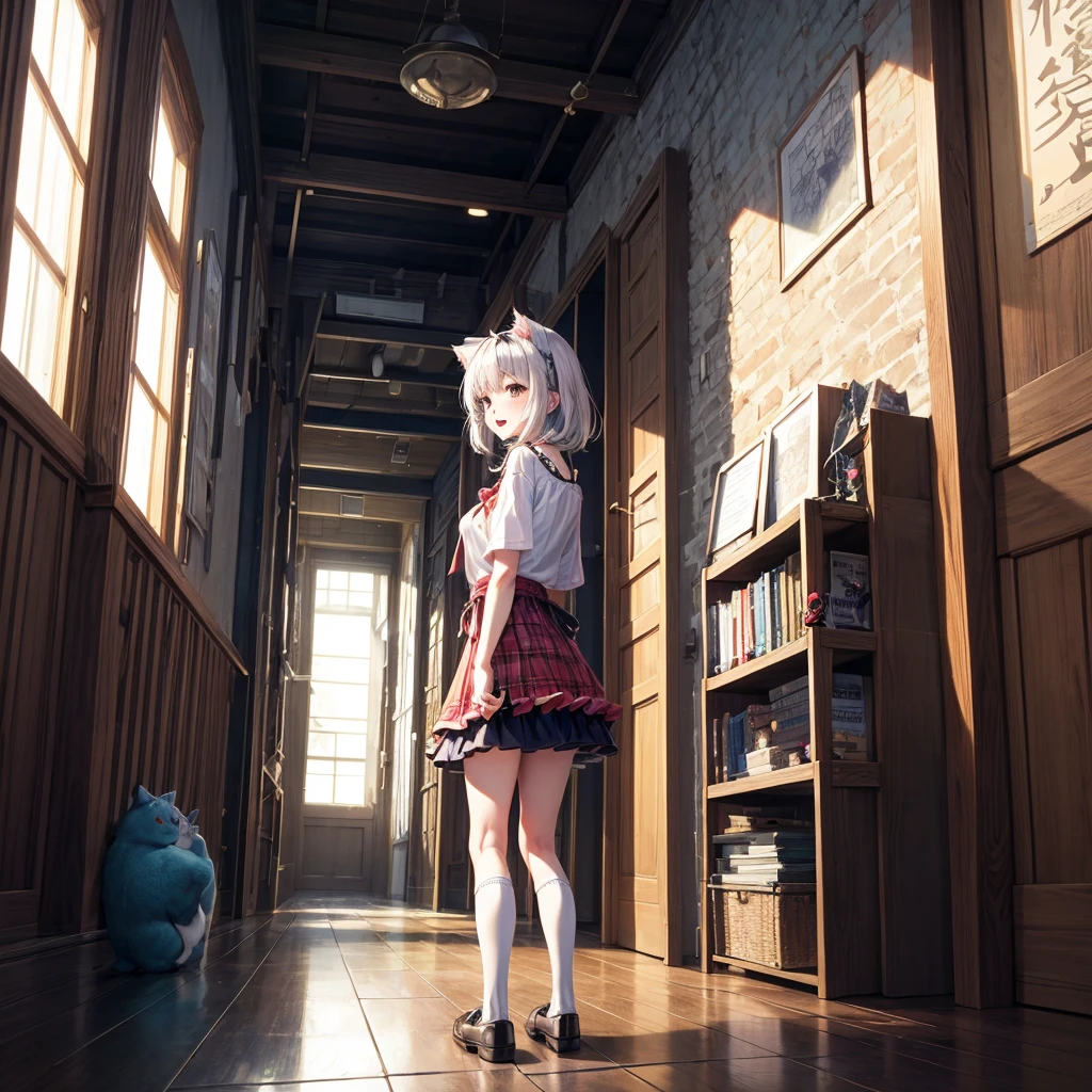 ((masterpiece)), (((best quality))), ((ultra-detailed)), ((illustration)), ((disheveled hair)),{1girl},(loli),petite,(infant:1.2),white hair,red eyes,(cat ears),(one cat tail),{tail insertion},floating hair,dynamic angle,{{full body:2}},  lolita,silver hair, purple hair tips,Left eye red Right eye white,In abandoned buildings,A morbid expression, torn clothes ,  torn legwear,Bloodstaining,thighhighs, heart-shaped pupils，Gothic Laurie Skirt,naughty face，looking at viewer,, --auto