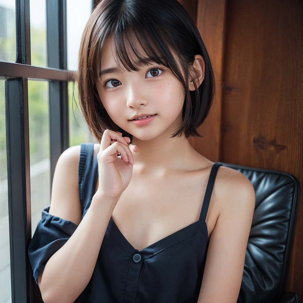 One girl, short,Bob,Black Hair,smile,Inside the room, summer,navy blue,cotton,Sleeveless,Unbutton it,Bed,Sit down,Innocence,cute,Baby Face,Junior high school freshman,A small cleavage on the chest,Look here,transparent, (masterpiece, Highest quality), Soft Light, Structure of the film, Like a movie
