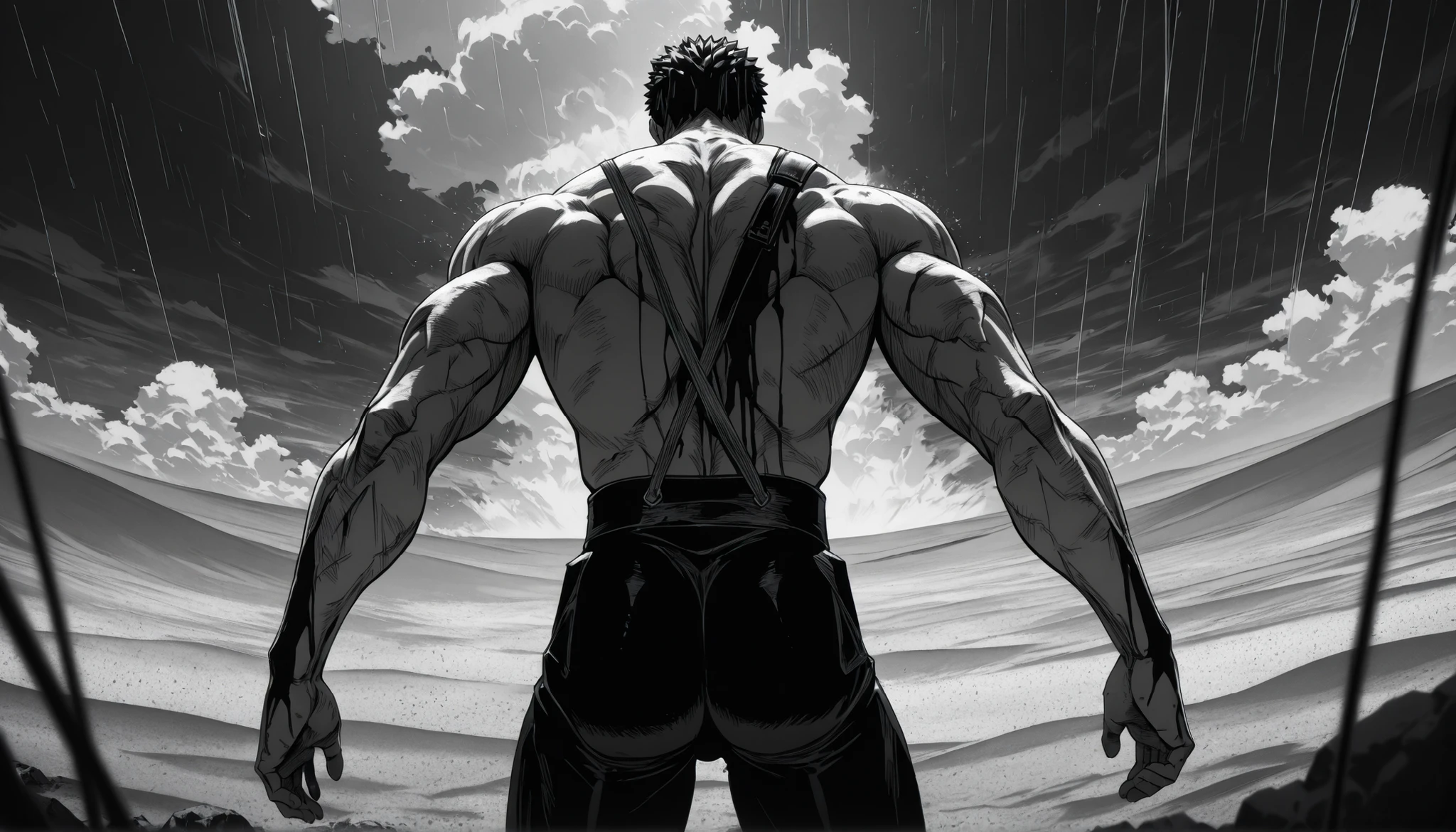 manga,(masterpiece), (ultra-detailed), (very aesthetic), (absurdres), (ultra high resolution), NSFW, frontal angle, Best quality, High quality, Detailed, High resolution, 8k, Ultra high res, highest quality, BLACK AND WHITE image, monochrome, muscular warrior standing against a ((Sand storm)), rain, fully open arms, determined face, dramatic DARK clouds , ultra detailed, deep shadows, epic scale, 1men, berserk warrior, strong sacred warrior, back view, ((bleeding)), strong, (((bodybuilder))), scars on body, devastated battle field, deserted field, after battle, (UltraHD8K), (intricatedetails:1.1), masterpiece, best quality, amazing quality, belth, LowKeyLights, cinematic 8k, UHD, dark,