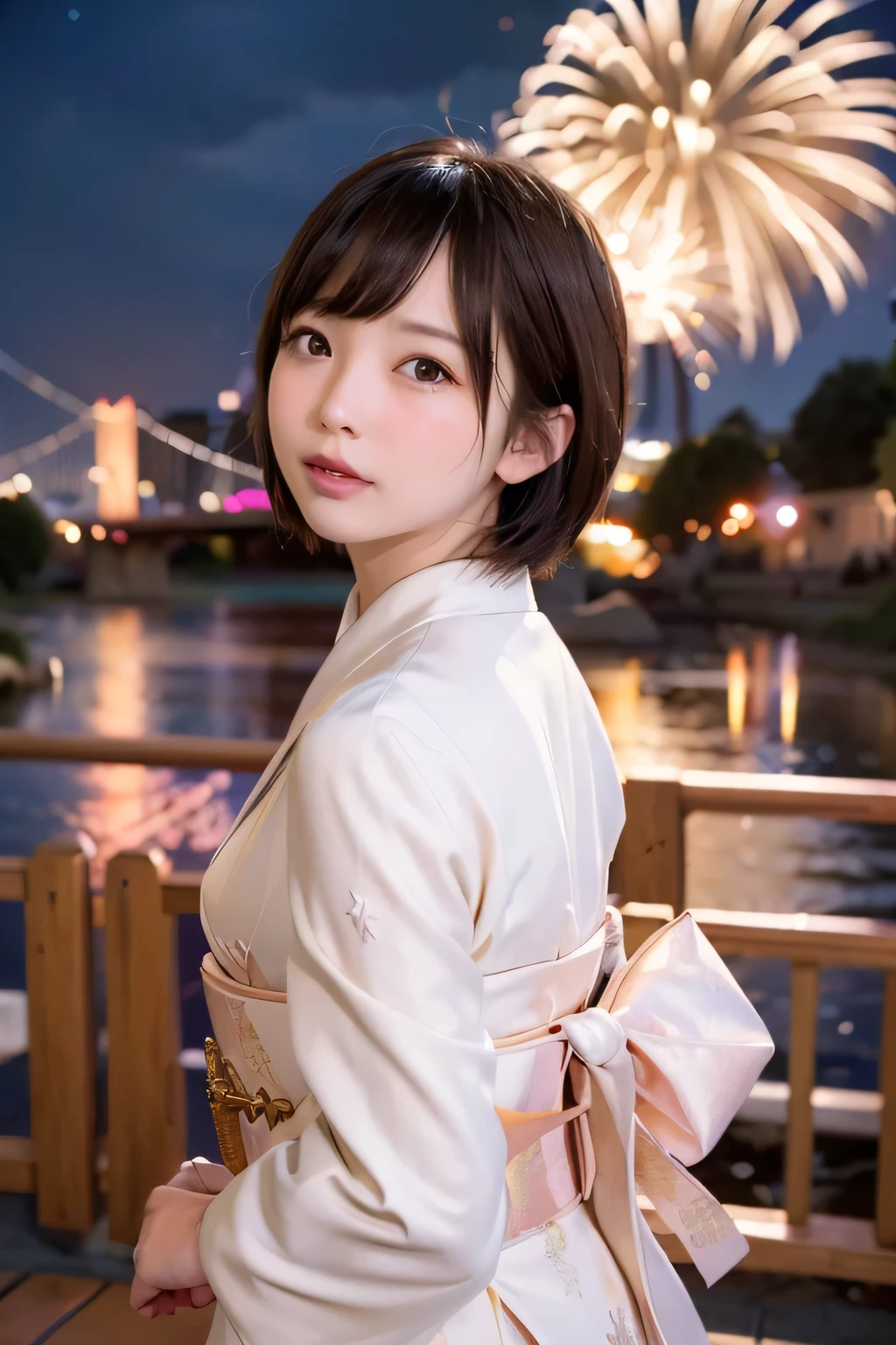 8k, raw photo, best quality, hires, realistic, photorealistic, extremely detailed 8k wallpaper, beautifully detailed eyes, finely detailed face,
 BREAK 
rim lighting to buttocks,
 BREAK 
perfectly anatomically correct:1.2,
5 beautiful thin fingers:1.0,
 BREAK 
a nighttime cityscape showcasing skyline,
(in the background many vibrant burst of fireworks exploding in the sky:1.0),
(a graceful suspension bridge adorned with bright white lights:1.3),
a subtle line of purple near the base spanning the water, reflecting shimmering gently in the waves,
dominated by the dazzling majestically-tower illuminating in a gradient of gold to red hues,
[radiating shades of pink and white above the silhouetted urban structures],
high-rise buildings forming a dense cluster:0.8,
blending the architectural grandeur with the celebratory sparkle of fireworks,
[the scene capturing a festive atmosphere],
highlighting vibrant spirit and dynamic energy of the city:0.6,
 BREAK 
1 noblewoman,
(kawaii, short bob wet hair),
twelve-layered ceremonial kimono, wafuku,
only upturned silhouette of lifted beautiful ideal spherical shaped large soft buttocks:1.2,

form-fitting wafuku accentuating elegant curves and shapely buttocks:0.6, tight elastic obi-belt emphasizing a defined silhouette:0.6,
symmetrical clear eyes, chocolate color eyes with sparkling highlights,
symmetrical face line, stereoscopic projection of baby face,
gentle narrow eyes, wide-set eyes, tareme, [moderate eye bags, [double eyelids]],
small round face, rounded jaw, heavy lips, [chiseled face], blush, embarrassed,
looking up heavenward,
shyly with opening mouth,
,
 BREAK 
((from behind, dynamic back shot)), from side,
soft contrast, soft saturation,