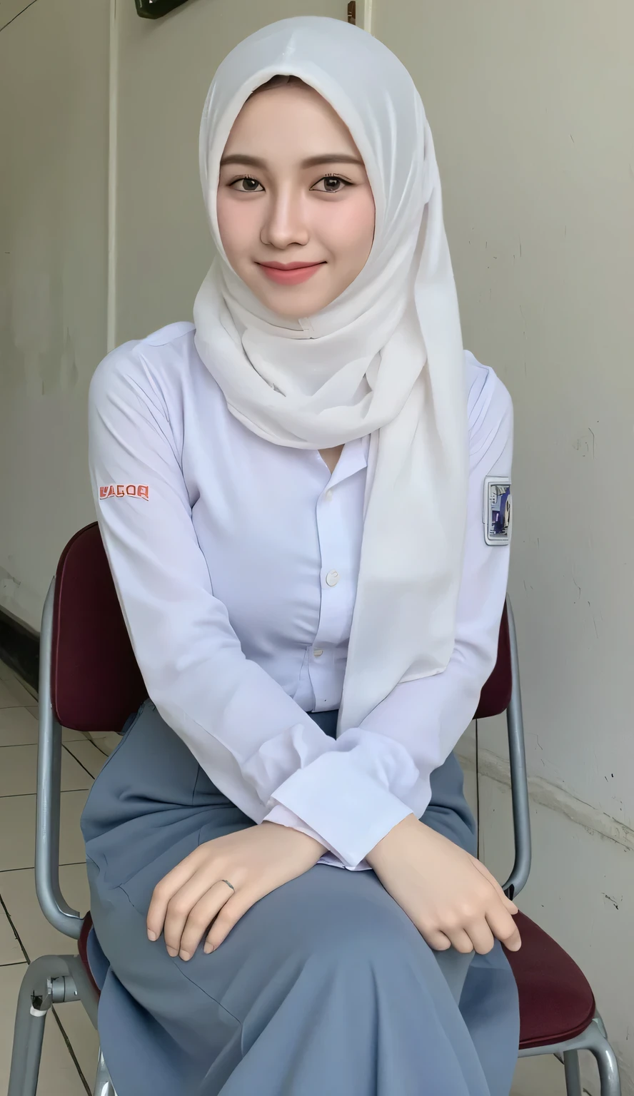 1girl, white dress, wearing hijab, blue skirt, long sleeve,, classroom background, beautiful, pretty,blushing, flawless, best quality, masterpiece, ultra high res, (photorealistic:1.4), raw photo, large breasts,, <lora:Baju_Kurung_Sekolah:0.7> , (looking at viewer:0.8), various poses, full body, portrait,