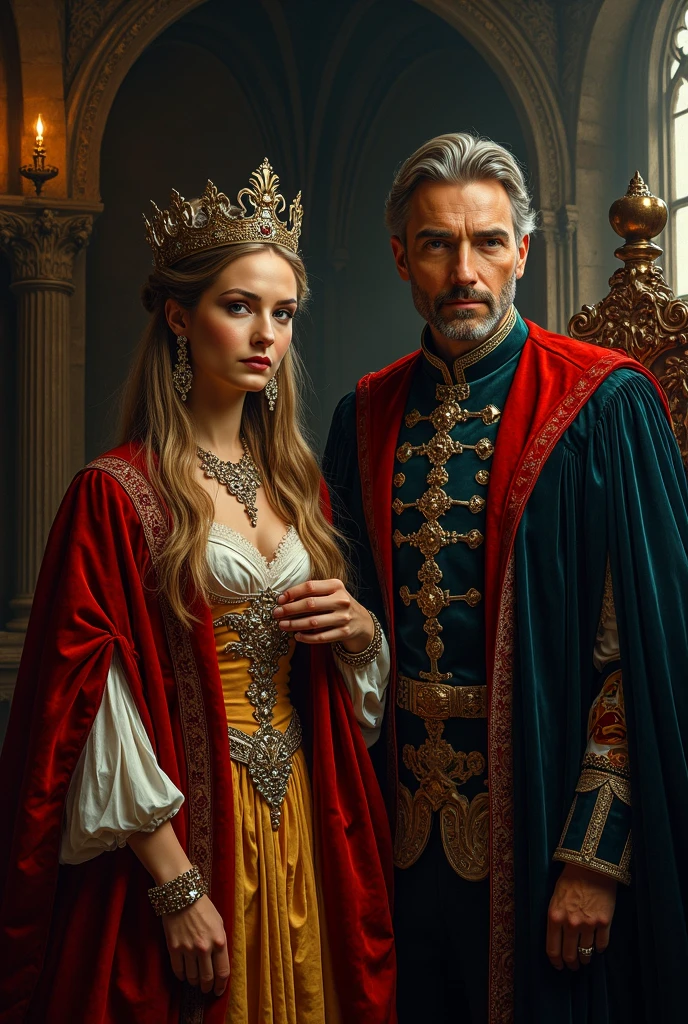 Family of 4. King is standing next to the queen. Her hair is medium long blonde, Her eyes are green, clear skin, high. The queen wears her all-white hair in an elegant bun. dressed in red and black like the king. Both of them avoid being over 30 years old.. In front of them is the princess, a 1 young woman, Her long white hair loose in waves, Amber eyes like the queen and the prince. He is , blond and has one green eye and one amber eye..