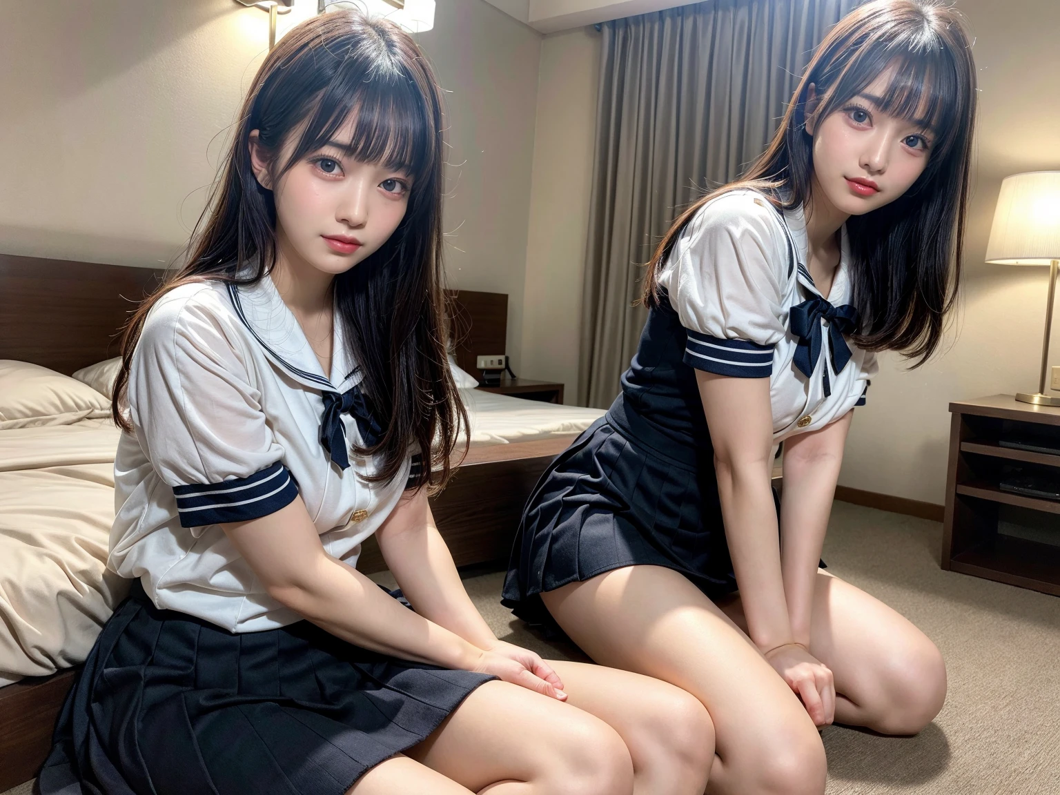 Two cute girls wearing sailor suits are bound with ropes in a basement and made to sit up straight on the floor.、kidnapping、They look at each other with anxious and frightened expressiony slender sister has straight black hair、My sister has brown hair and braids、Both of them had their hands tied behind their backs over their sailor uniforms and were made to sit up straight on the floor.、hotel room、anatomically correct、perfectly drawn fingers、perfectly drawn limbasterpiece、expresses the roundness and softness of your chest., huge breasts, plump breasts