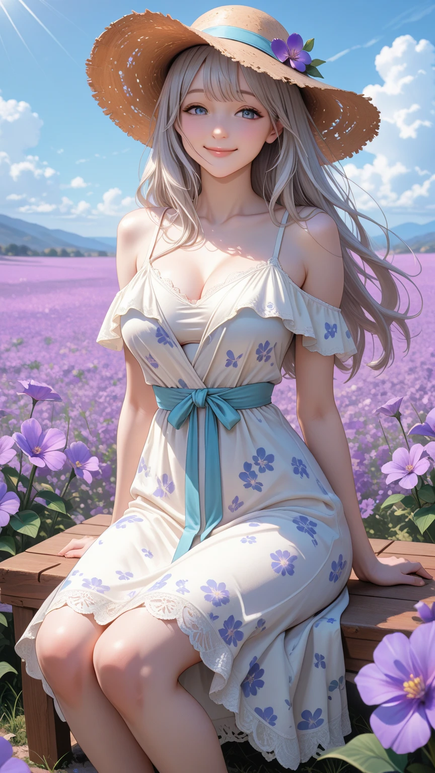 (High quality, High resolution, Fine details), Yellow Dandelion Hill, Flower crown, Pale purple dress, solo, curvy women, sparkling eyes, (Detailed eyes:1.2), (smile), blush, Sweat, Oily skin, Sunlight pouring down, Soft tones, shallow depth of field