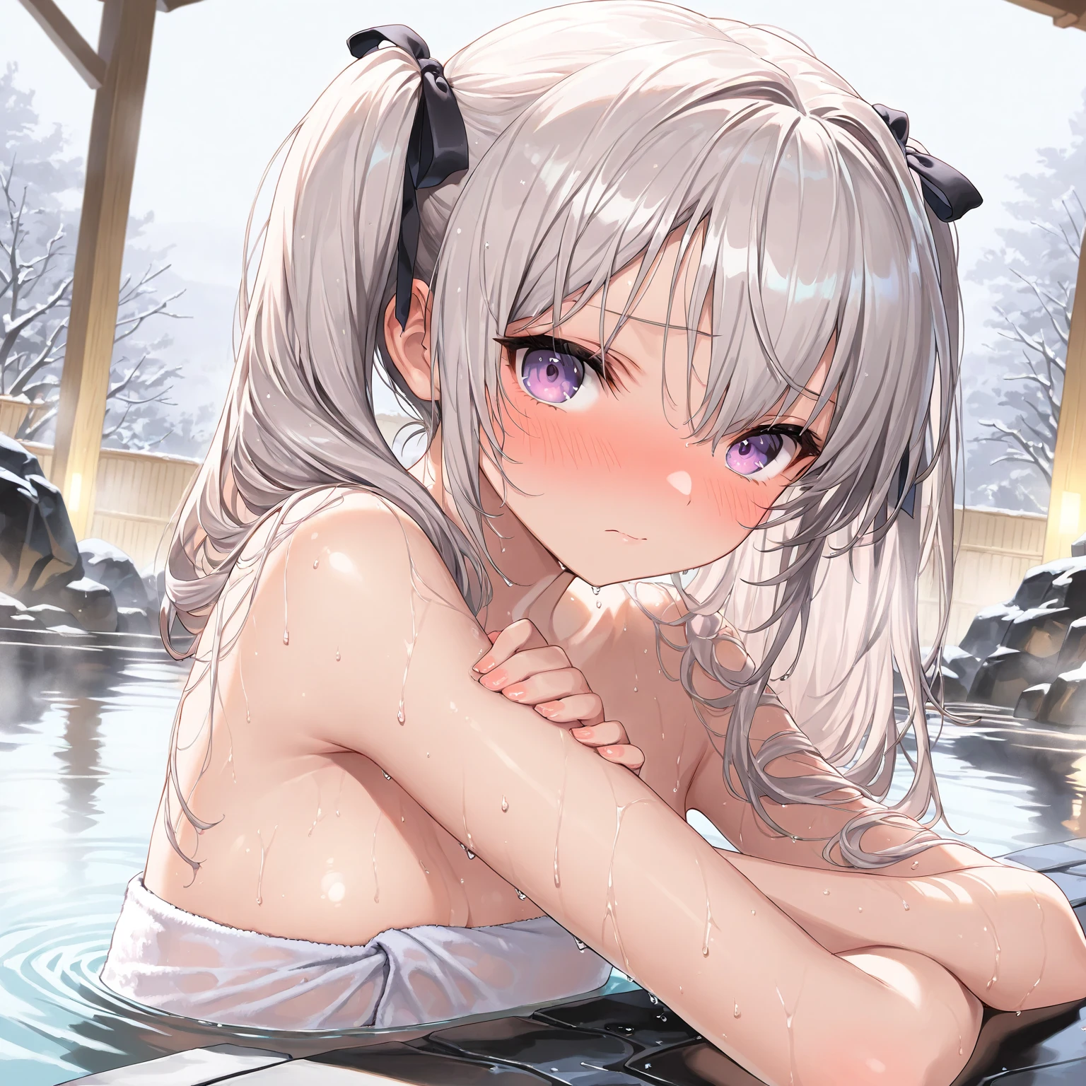 Cute loli，white color hair，nakeness，Take a shower in the bathroom，head looking up，is shy，Be red in the face，Wet all over