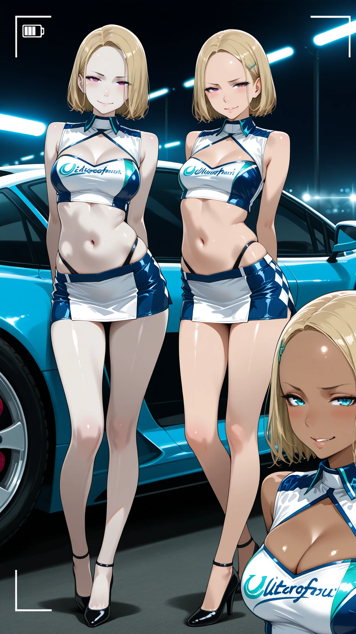 masterpiece,best quality,anime,
girl,standing,ponytail,bikini,blonde hair,
sport car