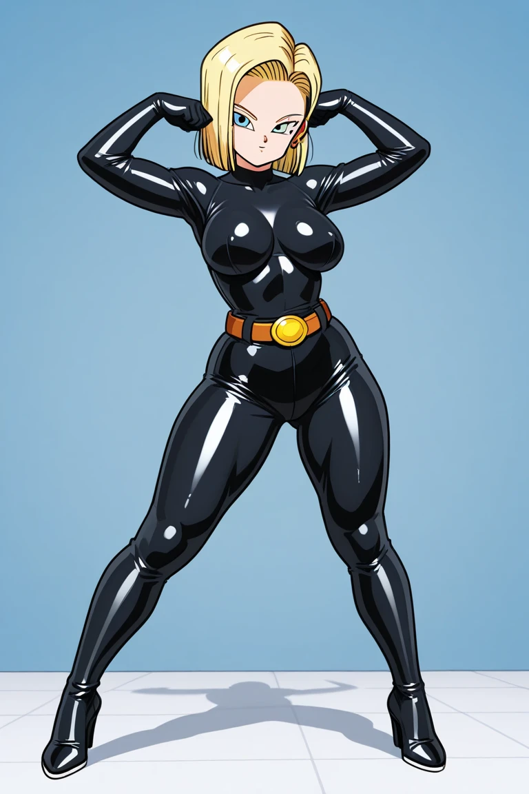 highest quality, High resolution, AND18, 1 girl, android 18, alone, golden hair, blue eyes, short hair,earrings,big breasts, frown,embarrassed face, Sweat,1 girl, Black tight suit,put your hand on your waist,view audience