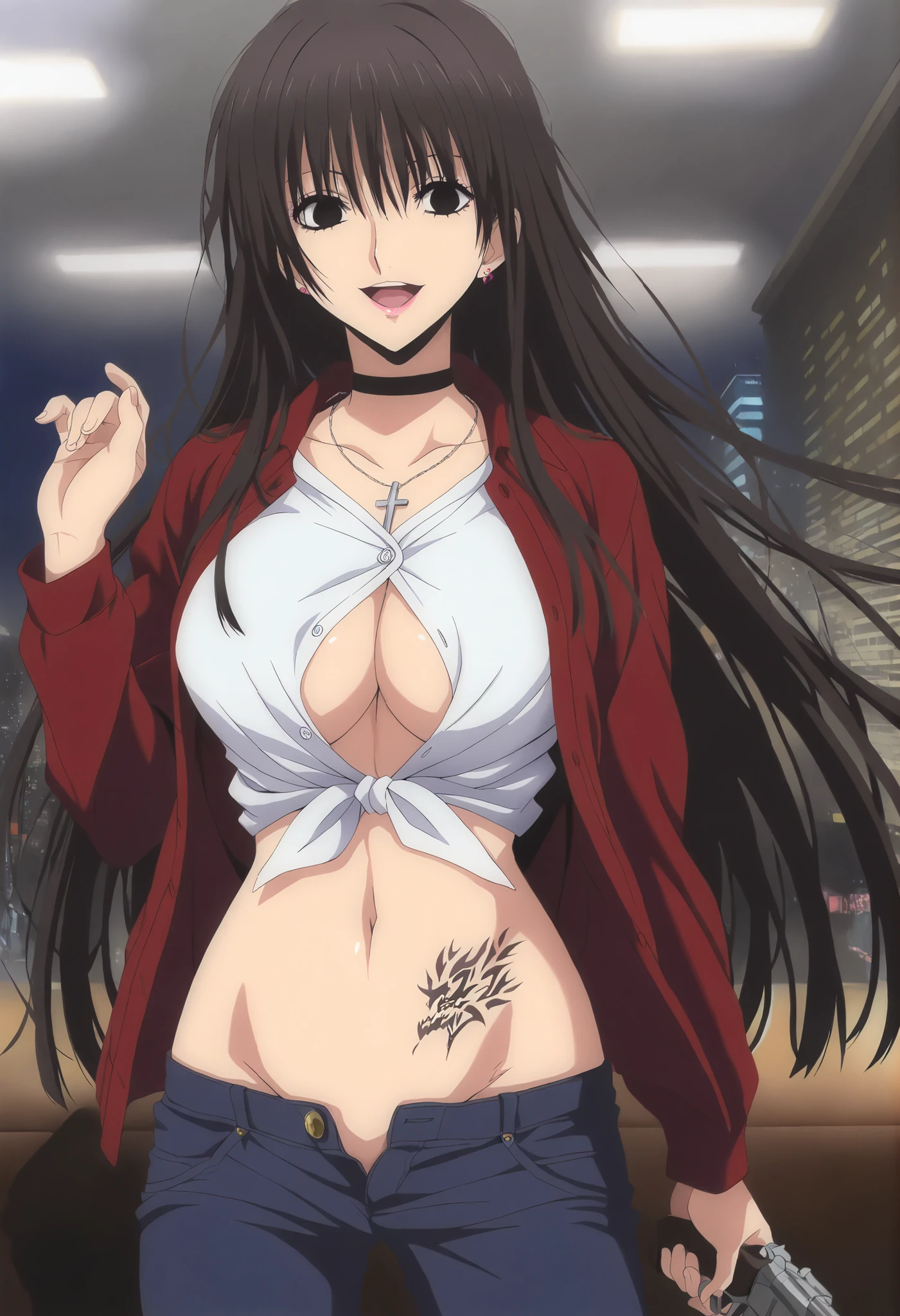 IM, 1girl, solo, big breasts, blush,  perfect quality, blush, lipstick, long hair, crazy eyes ,Hot girl, baddie, staring, glaring, bad attitude, mean girl, dare, angry, hate, crazy, smoking, sensual, attractive, outdoors, rooftop, cityscape, building, daylight city lights, fur trim, mature female, gloves, fur-trimmed coat ,jacket, masterpiece,high quality,4k, bare shoulder,belly,crop top,holding pistol,cleavage,jeans,casual
dress,street,road,smile, open mouth, (nsfw) not safe for work, holding a gun,handgun, evil expression,
exposed belly, exposed navel, exposed midriff, exposed lower belly, crop top overhang, underboob,
unbuttoned jeans , low rise black jeans, Low rise jeans, Low rise jeans with open fly, navel piercing