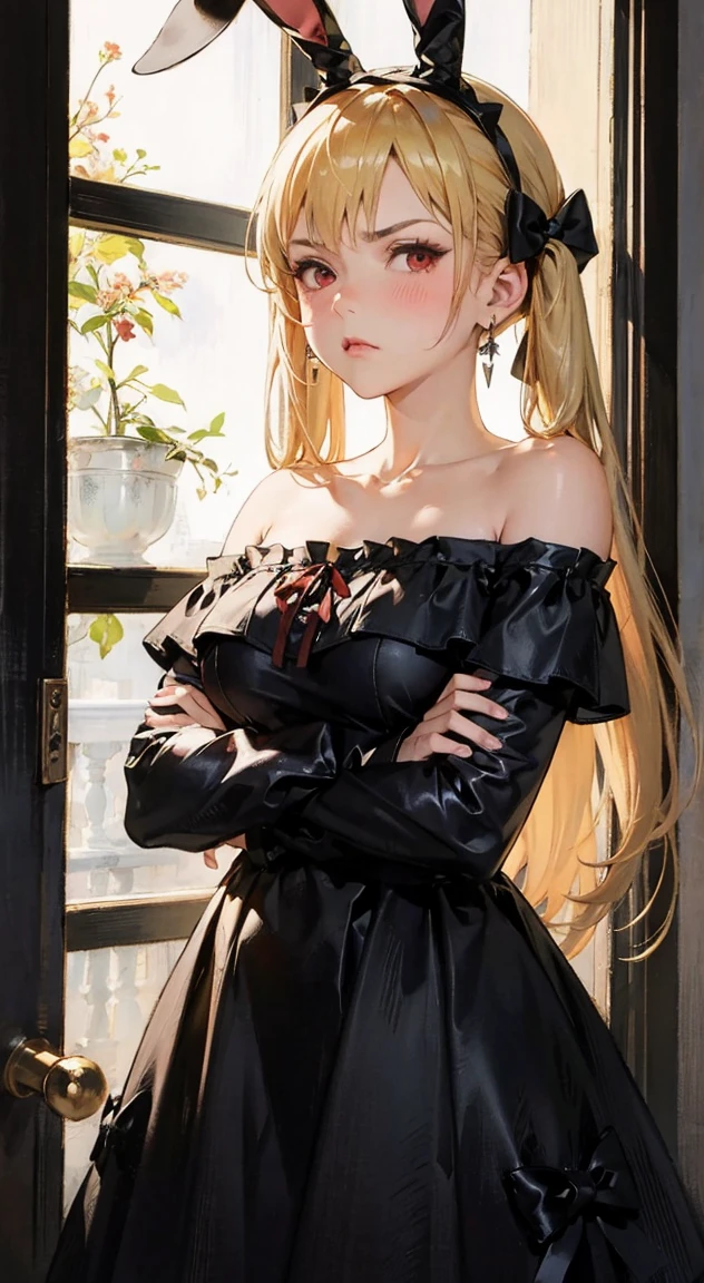 anime, girl single, blonde, long hair, red eyes, off-shoulder, black dress, sitting, upward-looked, blush, little smile