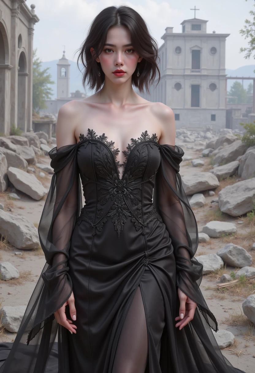 8k, 8k wallpaper, (an extremely delicate and beautiful:1.1), absurdres, (beautiful detailed eyes:1.3), (best illustration:1.1), (best quality:1.3), (best shadow:1.1), (cinematic lighting:1.2), detailed eyes, (detailed_light:1.1), (dreamy:1.1), (extremely detailed CG unity 8k wallpaper:1.1), highres, (masterpiece:1.3), official_art, ray tracing, (stylized:1.3), trending on artstation, (ultra_detailed:1.2)

(STYLE & COMPOSITION:0)
1girl, full_body

(POSE & EXPRESSION:0)
(arms_at_sides:1.2), (contrappisto:1.2), legs_apart, standing

(CHARACTER:0)
    (FACE:0)
black_hair, blunt_bangs, blunt_ends, choker, eyelashes, hime_cut, lips, long_hair, (nun:0.9), purple_eyes, sidelocks, (split-color_hair:1.4), white_hair

    (PORTRAIT:0)
black_bra, breasts_apart, collarbone, lace_bra

    (UPPER_BODY:0)
bare_arms, black_skirt, (long_skirt:1.2), lowleg_skirt, midriff, (navel:1.2), pencil_skirt, side_slit, toned

    (COWBOY_SHOT:0)
lace_thighhighs

    (FULL_BODY:0)
high_heel_boots

(NSFW:0)


(BACKGROUND:0)
(cathedral, circle, ruins, seaweed, underwater, water:1.2)

(EMBEDDINGS:0)