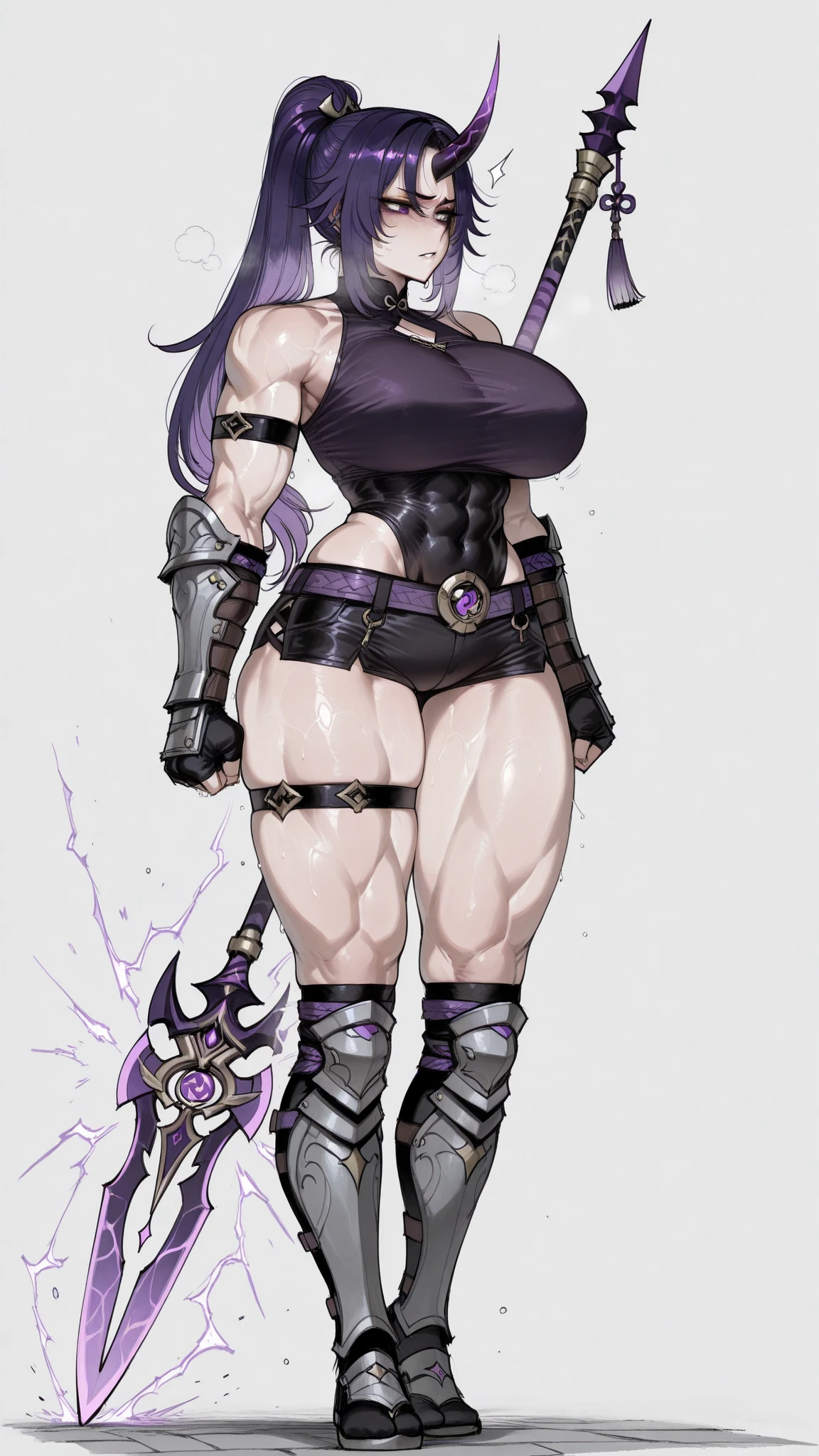 one female character, (musclegirl), ((short-hair)), purple hair, (medium breasts), (big-ass). very muscular, ((plate armor)), a gentleman, ((wearing armor that covers the entire body)), (((a draconian armor))), ((Full HD)) best qualityer