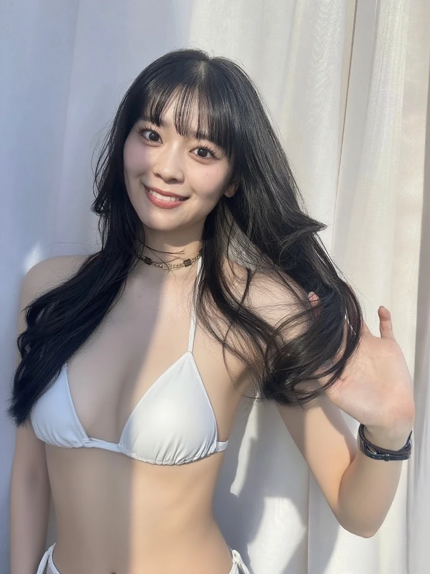 Beautiful, pretty, smiling Japanese woman in her 20s. She is wearing a white sleeveless dress. She is standing upright and has a D cup. She is holding a black hair elastic in her mouth. Her arms are outstretched and her long hair is brushed back, revealing her sides. Simple interior.full body.