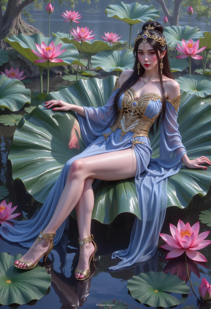 Sitting by a lake full of lotus flowers, feet playing in the water, the art depicts a charming woman with a melon face, dressed in a flowing, silky traditional oriental dress, long, aqua blue, decorated with intricate patterns and bright colors. Her dress drapes elegantly over her curvy figure, accentuating her seductive silhouette. She sits gracefully by the tranquil lotus lake, her feet playing in the water, bathed in the soft glow of the moonlight. The scene exudes an ethereal and dreamy atmosphere, with a touch of mystery and sexiness. The graphic style blends watercolor and digital illustration techniques to evoke a refined beauty and charm. The lights are filled with soft moonlight, casting soft highlights and shadows on her charming features. Bare thighs, big breasts, three-dimensional facial features, sitting, upturned legs, side braids
