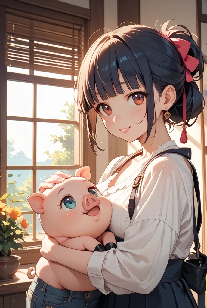 masterpiece, best quality, princess, girl, (piggy:1.3), hug, (colorful), volumatic light, bust shot, extremely detailed CG unity 8k wallpaper,intricate, castle, sky, cloudy_sky, fantasy, windy, sun light, (long black hair), smile