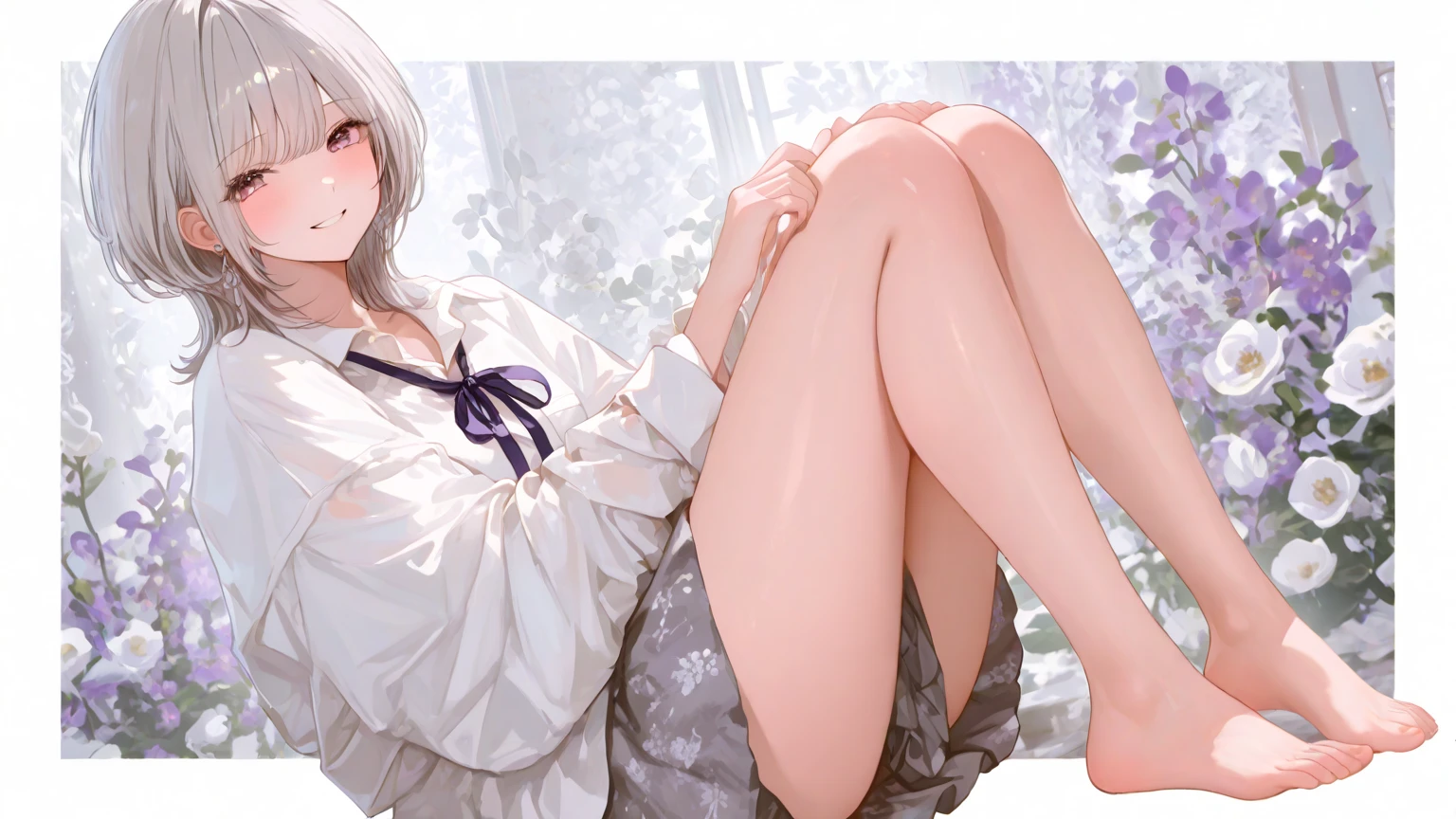 In 8K,Highest quality,The true picture,Intricate details,Ultra-high resolution,Depth Field,Masseter region,Natural soft light,Professional Lighting,One Girl,(cute:1.2),Very beautiful 17 year old girl,fine grain,((Red eyes)),(Gray Hair),(Short-haired),(prohibit),Perfect Skin,Glowing Skin,Snow-white skin,Fine skin,Normal full breasts,((Perfect ???????,Nice hands,Perfect hands,Five fingers connected to the palm,Precise needles without discomfort)),Perfect Barefoot,Delicate legs,Perfect proportions,sexy,I can see your chest,((nude)),Lurking deep in the city,I can see your crotch,Both legs are bent,Spread your legs in an M shape,Thin thighs when viewed from the front