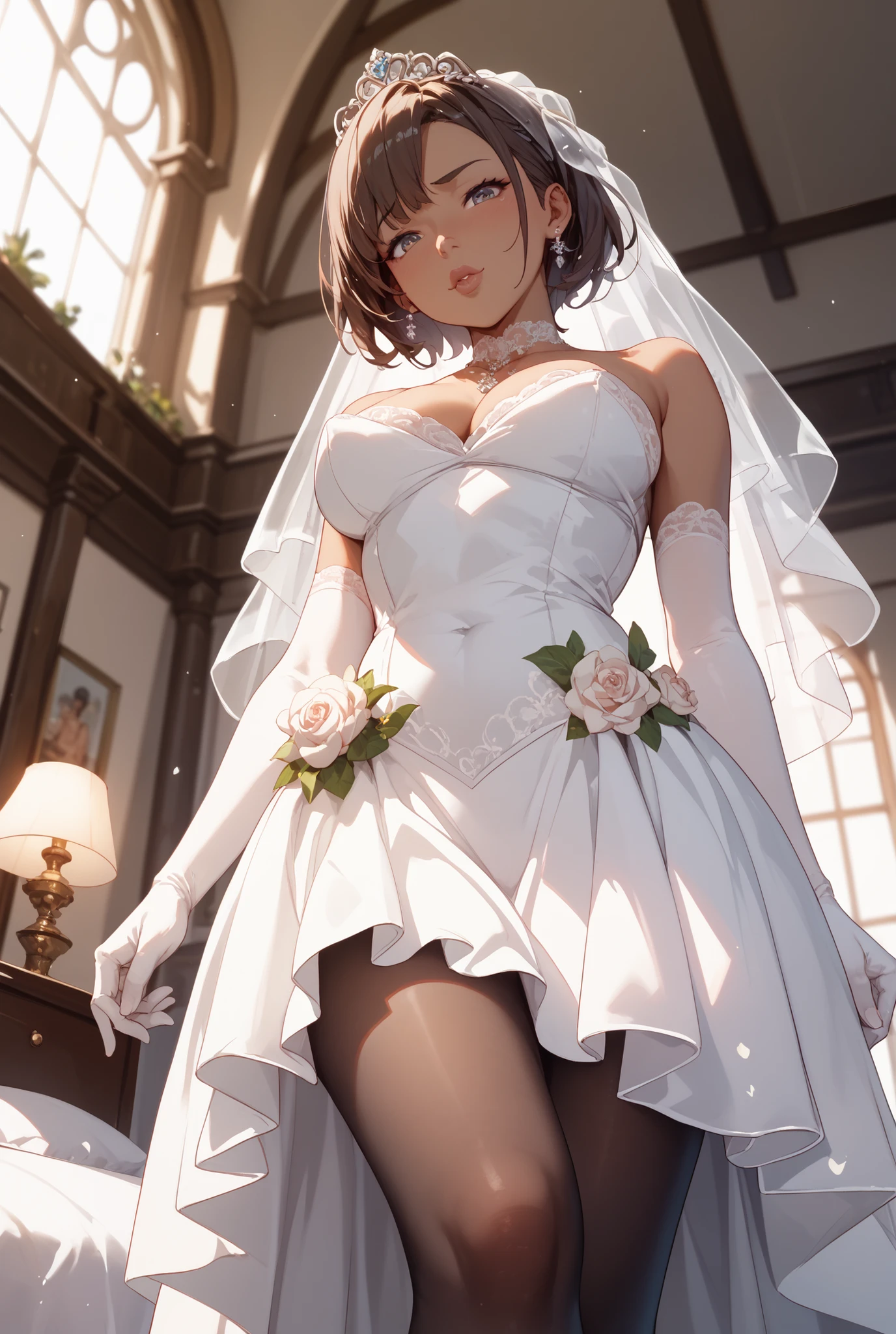 highest quality,masterpiece,8k,((((1girl)))),small breasts,orgasm,blush,sweat,fuuma_tokiko,(loli,,bob cut,small breasts, short hair,wavy hair:1.5),black hair,long hair,((((wedding dress,mini skirt:1.3)))),((lift skirt,upskirt,white panties,white thighhighs:1.1))