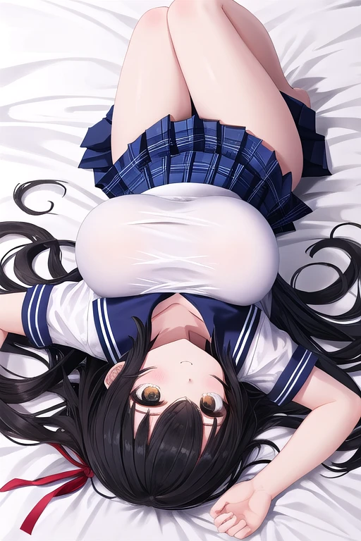Highest quality, High resolution,8k、Beautiful Face、Perfect Face、One person、On the red bed、((Looking back、Having sex on her stomach、)),Boobs shaking violently up and down、A large amount of semen is applied、expression(Oho face)、blush(1.9)、Sweat(1.9)、steam、Black Hair(), Tree Eyes、Green Eyes,Long Hair, Mole under eye, Huge breasts(0.9), bangs(), Cleavage, clavicle,Big Butt, indoor、Bedroom,Love Live(anime、Dia Kurosawa、Kurosawa Diamond、Hair clip、Sailor suit(White shirt、mini skirt)(Digging into the thighs)、{An angle looking at the buttocks from behind} One person黒人男性,naked、Big Penis、(The man is in the missionary position )