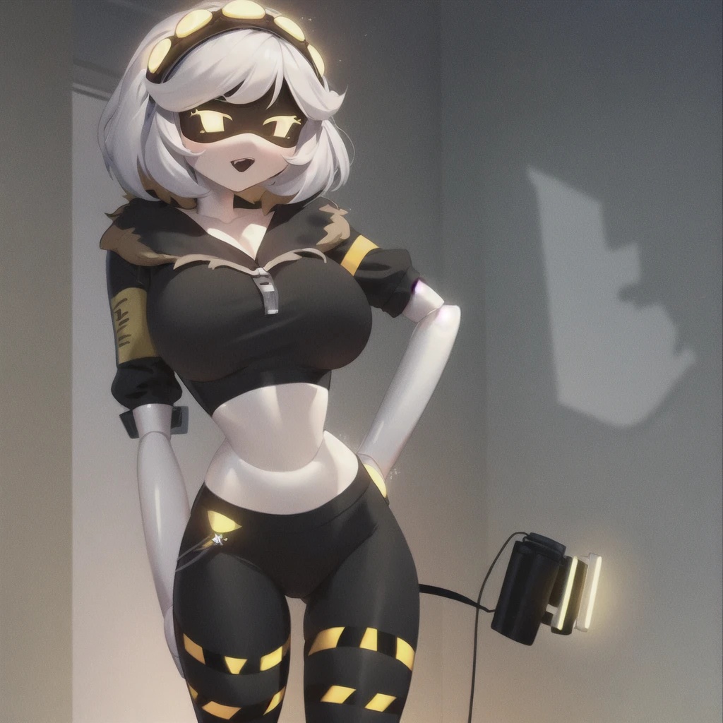vdrone, masterpiece, high resolution, robot, white hair, short hair, sports bra, fur trim, thighhighs, big breasts,  HDA_Ahegao, showing cleavage,gym shorts, full body shot, abs, biceps, muscular figure, female bodybuilder,