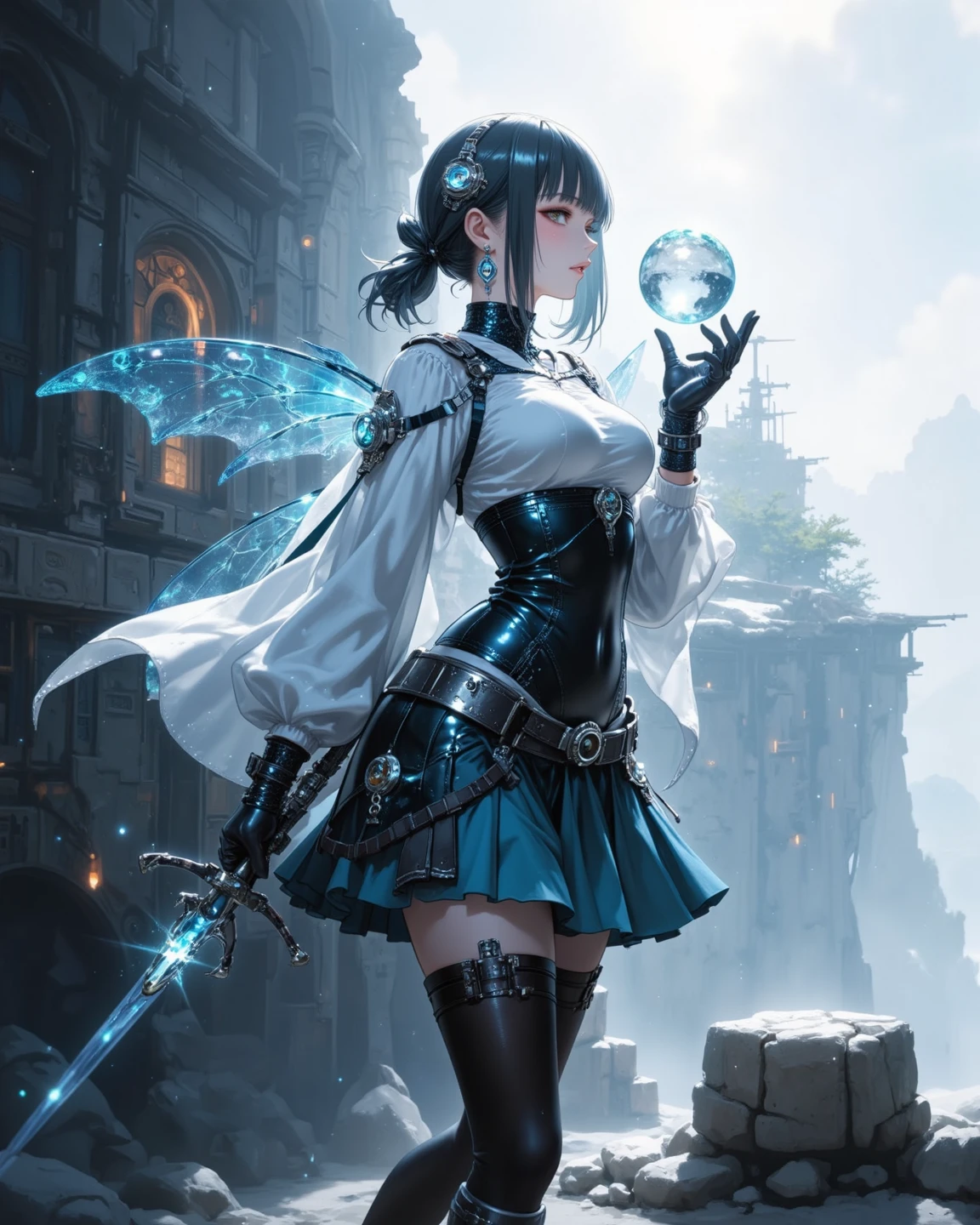((Highest quality)), ((Truly a masterpiece)), ((Ultra-detailed:1.4)), ((Ultra-Photorealistic 3D)), Android Magical Girl, Mechanical body, Dynamic action poses for battle scenes, Very complex and heavy fighter aircraft mechanical armament, Off-the-shoulder fashion that combines steampunk and gothic lolita with attention to detail, Intricate steampunk headgear, Very thin、Over-the-knee reggae mechanical boots、Fluttering lace flare mini skirt、 Beautiful small breasts directed upwards、Swaying in the Wind、Long, curly silver hair,、Countless large, shining spheres fly around、Lots of sparks cross and fly、Countless neon lights pouring down from the magical pose、Complex and precise mechanical Night City、Very dark background、Very dramatic and cinematic lighting、Big wings on the back８Growing in Sheets。
