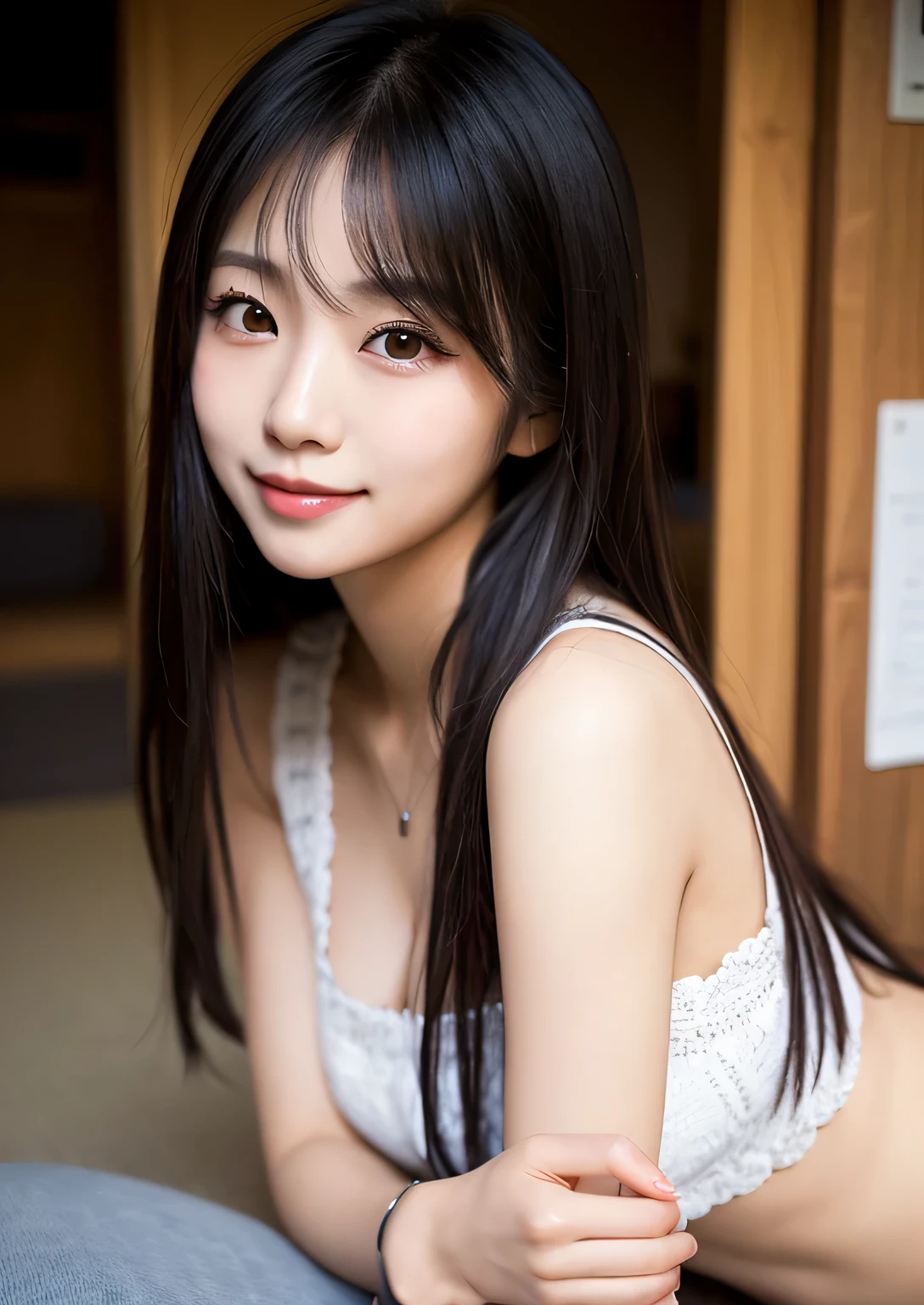 Best-quality, Masterpiece, Ultra-High-Resolution, (Photorealistic:1.4), Raw-Photo, 1girl, the most famous Japanese idol, 15-years-old, face-focus, innocent-smile, looking at viewer, (wearing only brassiere with luxurious-design), ((extremely cute and childish face like the most popular Japanese idol), (extremely beautiful hair), (((extremely beautiful big-black-eyes)))), extremely beautiful skins, extremely beautiful long-eyelashes, extremely beautiful lips, extremely beautiful abundant-cleavage