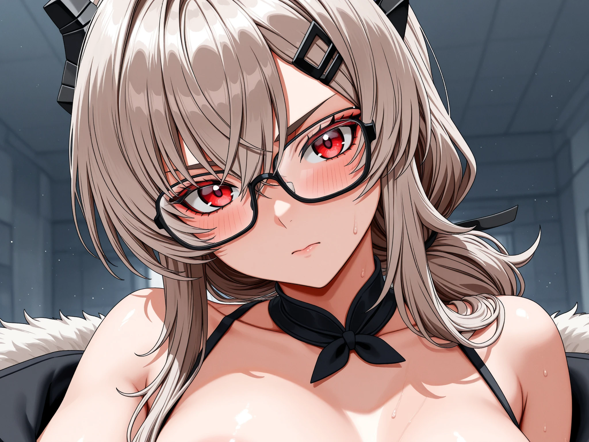 Justice Helltaker: An adult female demon, blind, with black glasses, with red gloves, with small horns, red bow in her hair, white hair, with a red blouse, black tie, black coat, large breasts, and very sexy