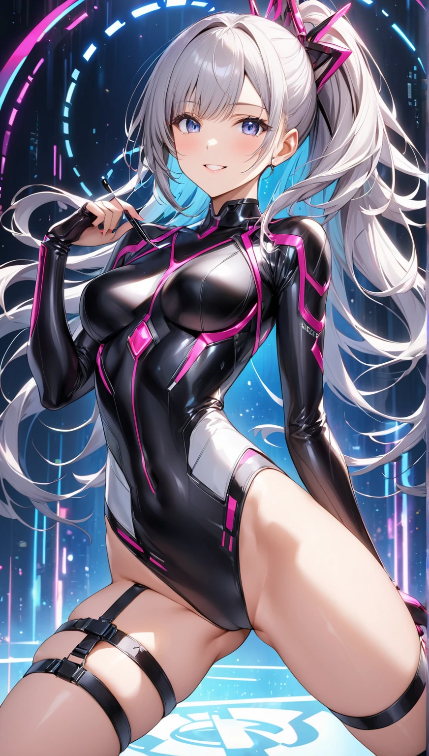 Beautiful woman, Very sexy body, Detailed medium bust, (One very tall woman,Navy Blue Hair,Her hairstyle is twin tails that expose her forehead.,yellow eyes,Dynamic Angle)A black bodysuit with pink lines, with a zipper open on the chest to reveal skin