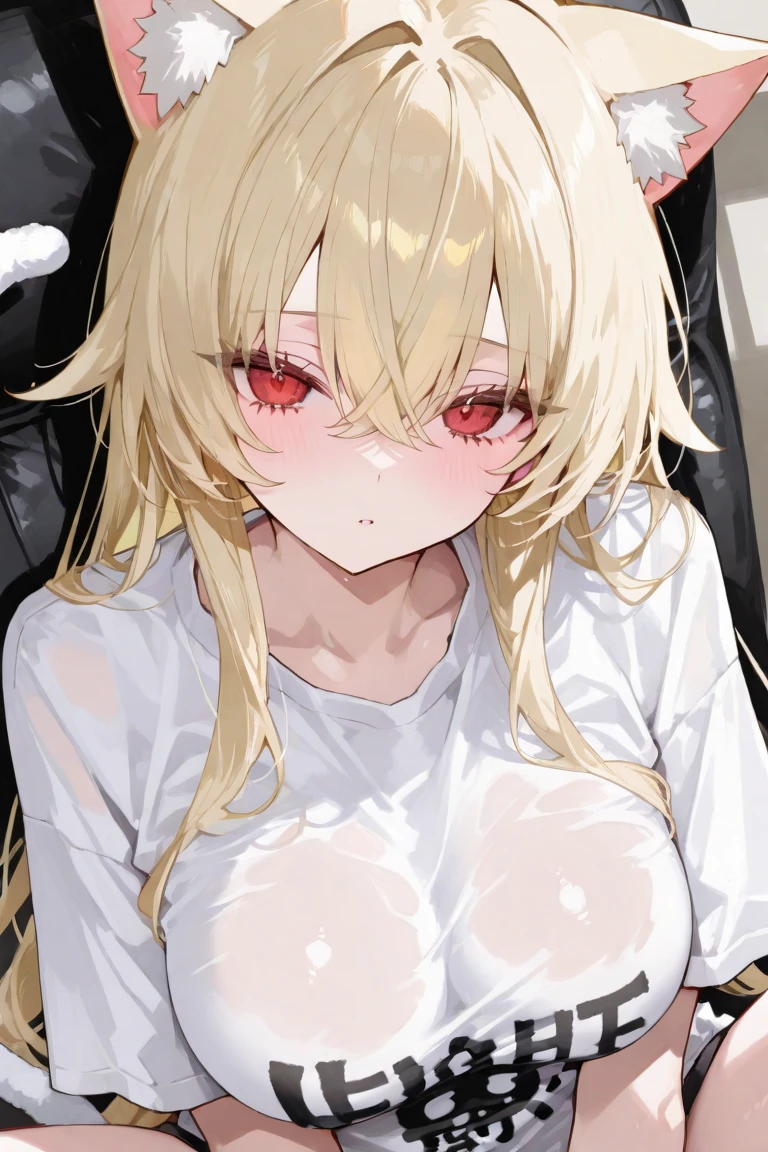 ((Highest quality)), ((masterpiece)), (detailed), (Perfect Face)、The woman is Tearju, a naked, horned demon from the demon world with green eyes and blonde, medium-long hair.