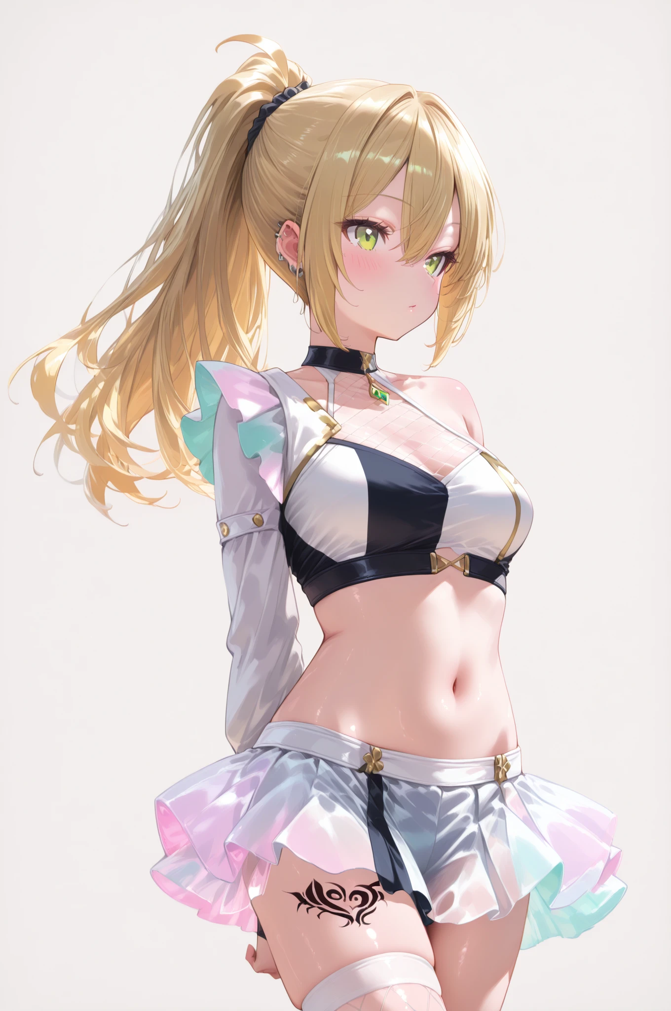 Lumine | genshin impact, master-piece, bestquality, 1girls,25 years old, proportional body, proportional., Wedding Dresses, White Wedding Dress, wedding, mediuml breasts, ,bara, choker, (Graffiti:1.5), Splash with purple lightning pattern., arm behind back, against wall, View viewers from the front., Thigh strap, Head tilt, bored, 10, 10, HD, slight smile,