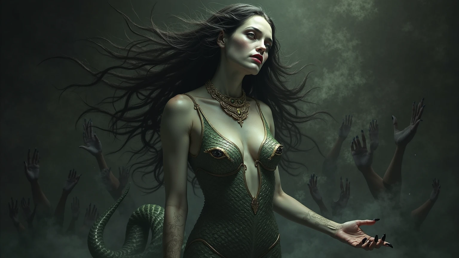 (Best quality:1.1),(Realistic:1.2),(highly details:1.0),(medusa:1.0), 20 year old face, realistic snakes for hair, nude breasts, snake lower body, full body shot, in a dark dungeon, cinematic, trending on artstation, Clyde Caldwell, matte painting, LegendDarkFantasy,