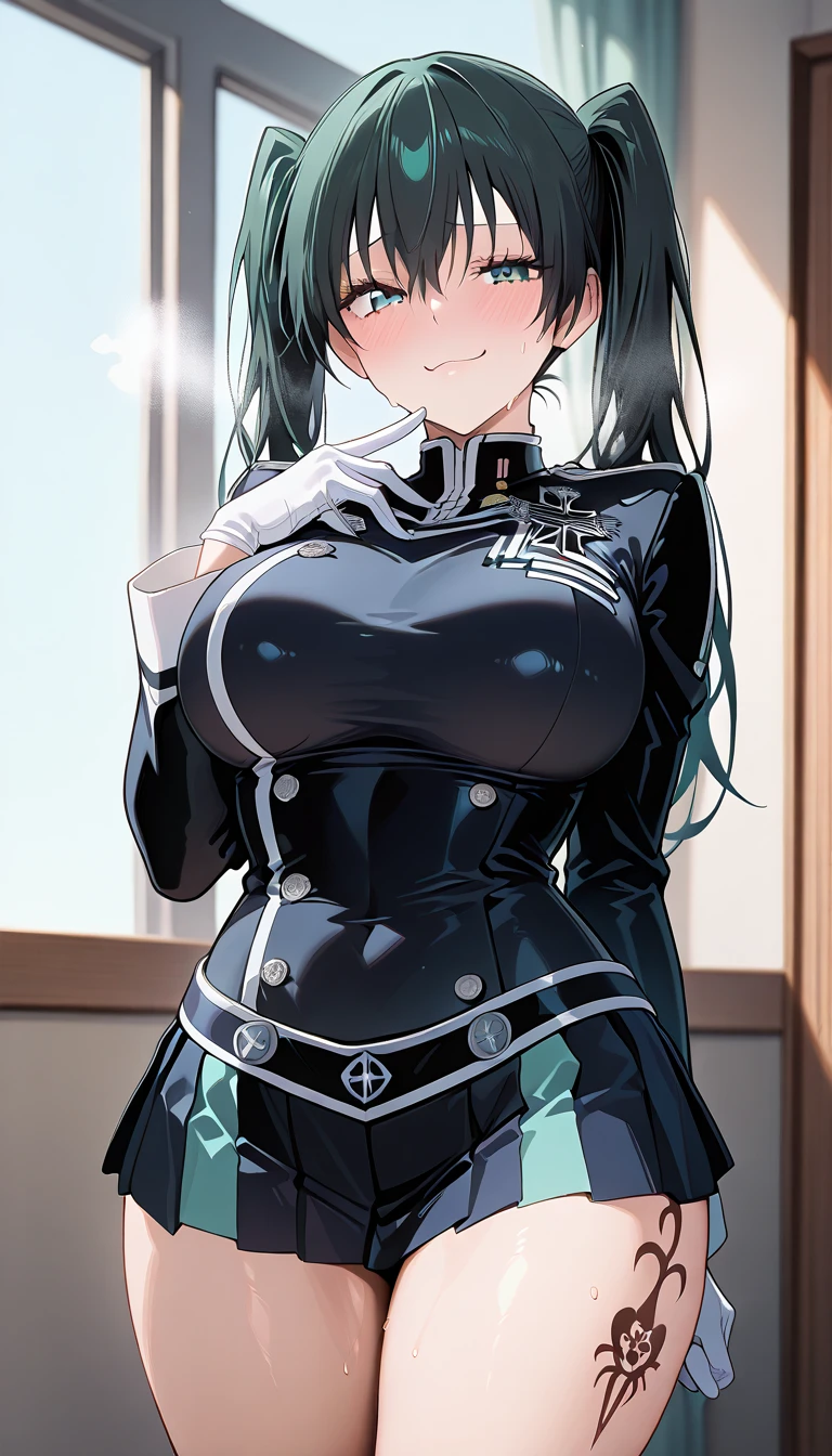 professional artwork, Intricate Details, field of view, sharp focus, detailed painting, photorealistic lighting, trending on pixiv,(masterpiece:1.0),(best_quality:1.0), ultra high res, ultra-detailed, photography, 8K, HDR, highres, absurdres:1.2, Kodak portra 400, film grain, sharp focus, bokeh:1.2, lens flare, (vibrant_color:1.2), (((indoors, dark night district))), Annerose, 1girl, female mature, black hair, long hair, (yellow eyes), large breasts, swimsuit, higheels, skin tight, hair intakes, (solo:1.4), (upper body, half body shot, covered breasts, side boobs), seductive, smirk