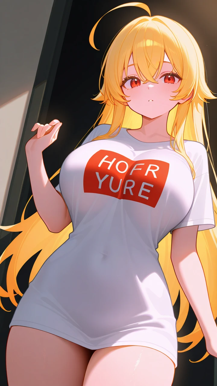 woman wearing an oversized shirt that reaches her thighs, with the text "H a r l" written on the shirt,happy with a sex the bold expression , detailed face and eyes, 8k, best quality.