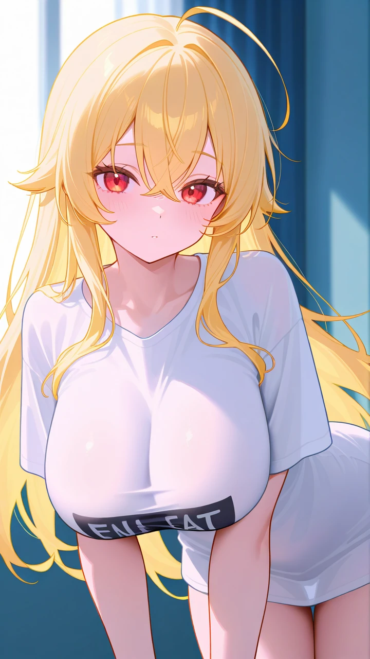 Anime girl, large breasts, cleavage, white oversized T-shirt off one shoulder