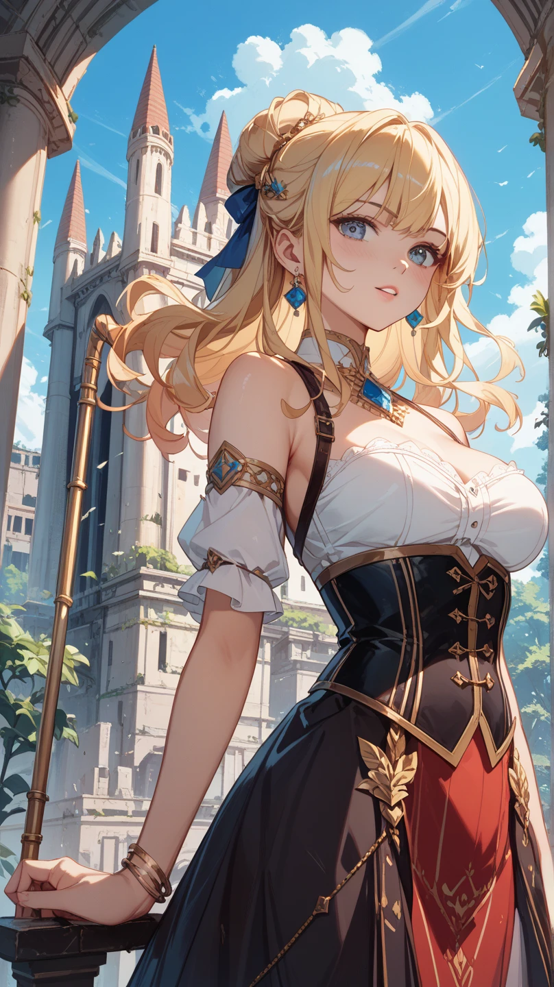 (masterpiece, best quality,:1.3), cowboy shot illustration, splashart, concept art, 1girl, solo, aishakr, drill hair, twin drills, large breasts, cleavage, black dress, frills, black gloves, crown, bare shoulders, detached sleeves, detached collar, purple flower, purple ribbon, dynamic pose, hand up, plaza, town square, tree, depth of field, (medieval town, castle, fantasy, grey sky:1.1), cloud, pavement, cobblestone, (detailed background:1.1), (looking at viewer:1.2), [closed mouth, :<], v-shaped eyebrows, <lora:aishakr-v8-10:0.9>