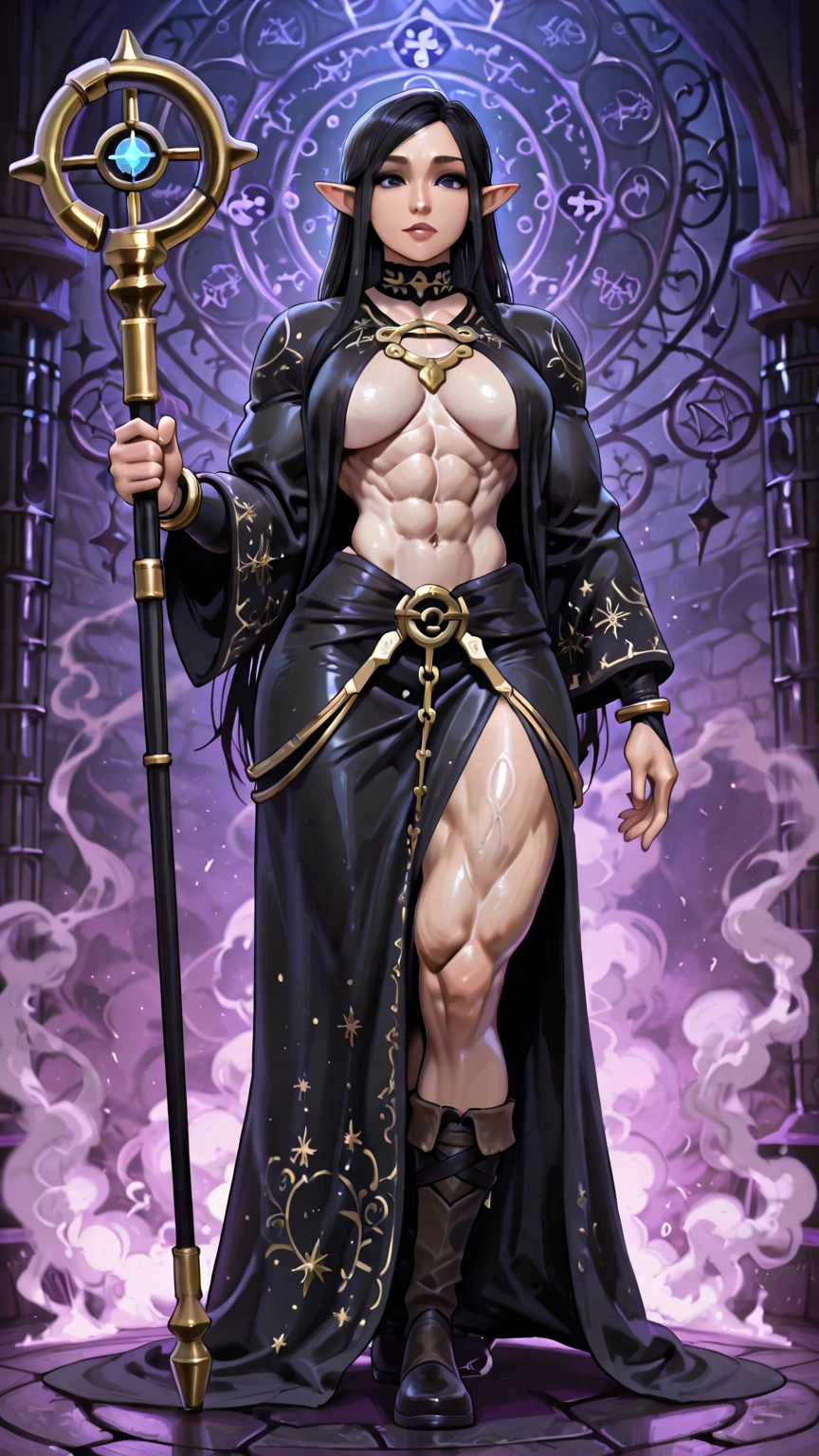 ((((Massive, tall, beautiful, buff, muscular brown skinned woman mage with shocking pink hair, ginormous bulky muscles, holding a fire mage staff and wearing a beautiful hooded white enchanted robe with long long skirt)))), (close-up view), vascular, massive muscle, massive biceps, hyper muscle shoulders, hyper muscle triceps, (angled bob cut), red eyes, (wearing a long extremely intricate robes, long magical robes), (white mage boots), smirk, white gauntlets, (in a dark Mystical forest), evening, Vascular arms, hyper vascular arm, hyper muscles arms, hyper muscle legs, massive arms.