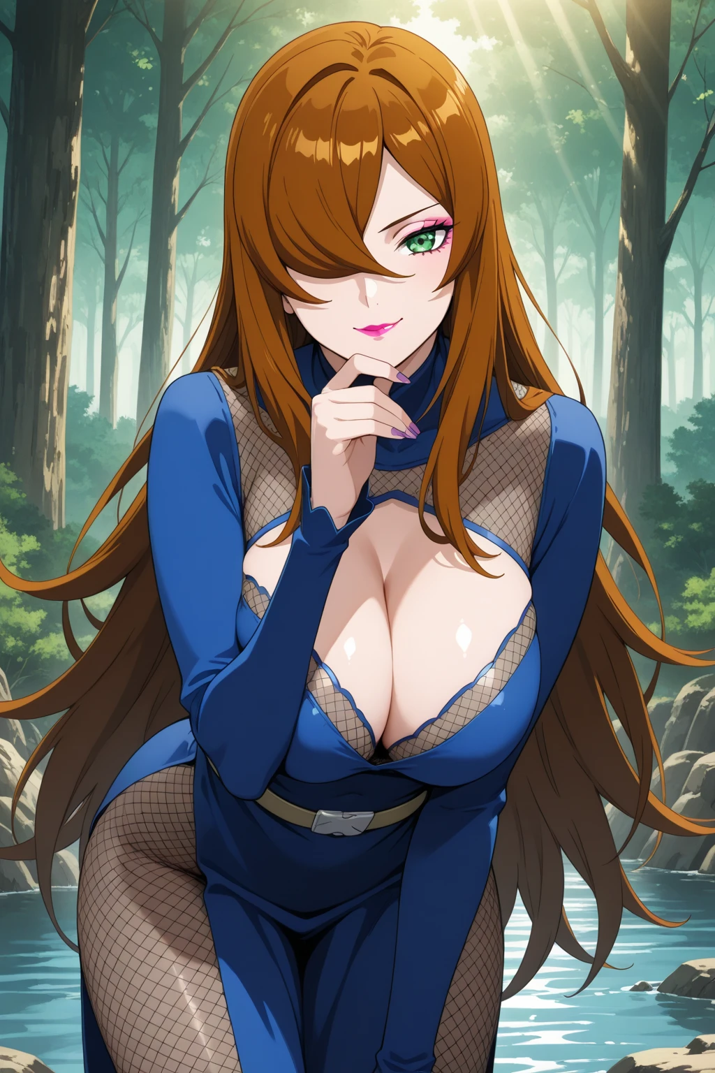 Jessica, with her large breasts, beautiful legs, shoulder-length twin tails, showing her arms and shoulders, and a mature face, is standing in a black high-cut bunny suit and fishnet stockings with her hands on her hips.。Jessica is surrounded by bandit men.。in the forest。