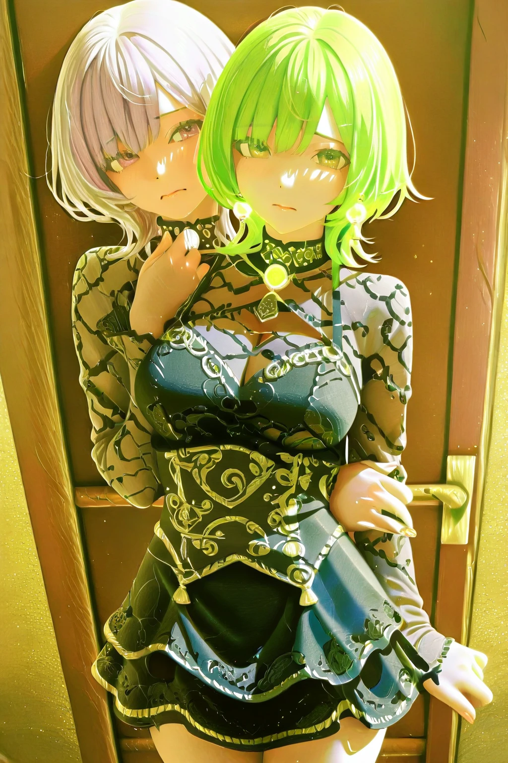 A pink haired woman with violet eyes and an hourglass figure is posing in a sexy corset dress is posing with a green haired woman with purple eyes with an hourglass figure in a bedroom
