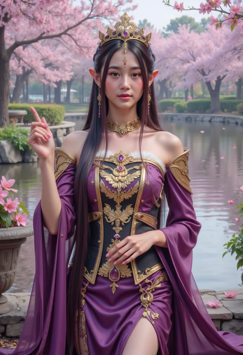 (masterpiece:1.4), (best quality:1.4), ultra high res, ultra high resolution, ((detailed facial features)), HDR, (realistic, photorealistic, photo-realistic:1.37), full body Esbian, sexy Vietnamese model, (-anime), only 1 model, vivid colors, ((vivid colors multicolor (fuchsia, pink, light blue, purple) very short hair)), (seductive smile), lip-gloss, long lashes, defined eyebrows, wearing large sparkling colorful jewelery, wearing a red silk Paradise Kiss cosplay dress with black floral embroidery, ((vivid colors outfit)), vivid colors, look at the camera, cinematic light, large park background with trees, sweet and sexy pose