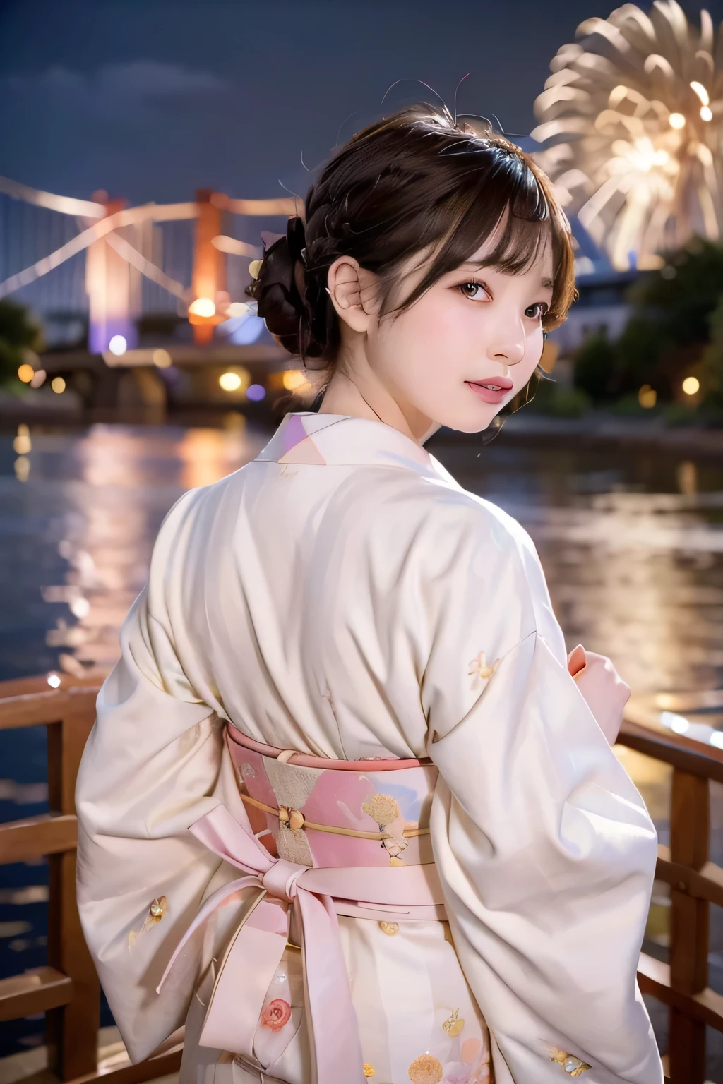 8k, raw photo, best quality, hires, realistic, photorealistic, extremely detailed 8k wallpaper, beautifully detailed eyes, finely detailed face,
 BREAK 
cinematic lighting,
 BREAK 
perfectly anatomically correct:1.2,
5 beautiful thin fingers:1.0,
 BREAK 
a nighttime cityscape showcasing skyline,
(in the background many vibrant burst of fireworks exploding in the sky:1.1),
(a graceful suspension bridge adorned with bright white lights:1.3),
a subtle line of purple near the base spanning the water, reflecting shimmering gently in the waves,
dominated by the dazzling majestically-tower illuminating in a gradient of gold to red hues,
[radiating shades of pink and white above the silhouetted urban structures],
high-rise buildings forming a dense cluster:0.8,
blending the architectural grandeur with the celebratory sparkle of fireworks,
[the scene capturing a festive atmosphere],
highlighting vibrant spirit and dynamic energy of the city:0.6,
 BREAK 
(2 noblewomen:1.1),
(kawaii, random hair style),
(twelve-layered ceremonial kimono:1.1, wafuku:1.1),


form-fitting wafuku accentuating elegant curves and shapely buttocks:0.6, tight elastic obi-belt emphasizing a defined silhouette:0.6,
symmetrical clear eyes, chocolate color eyes with sparkling highlights,
symmetrical face line, stereoscopic projection of baby face,
gentle narrow eyes, wide-set eyes, tareme, [moderate eye bags, [double eyelids]],
small round face, rounded jaw, heavy lips, [chiseled face], blush, embarrassed,
looking up heavenward,
shyly with opening mouth,
,
 BREAK 
((from behind, dynamic back shot)), from side,
soft contrast, soft saturation,