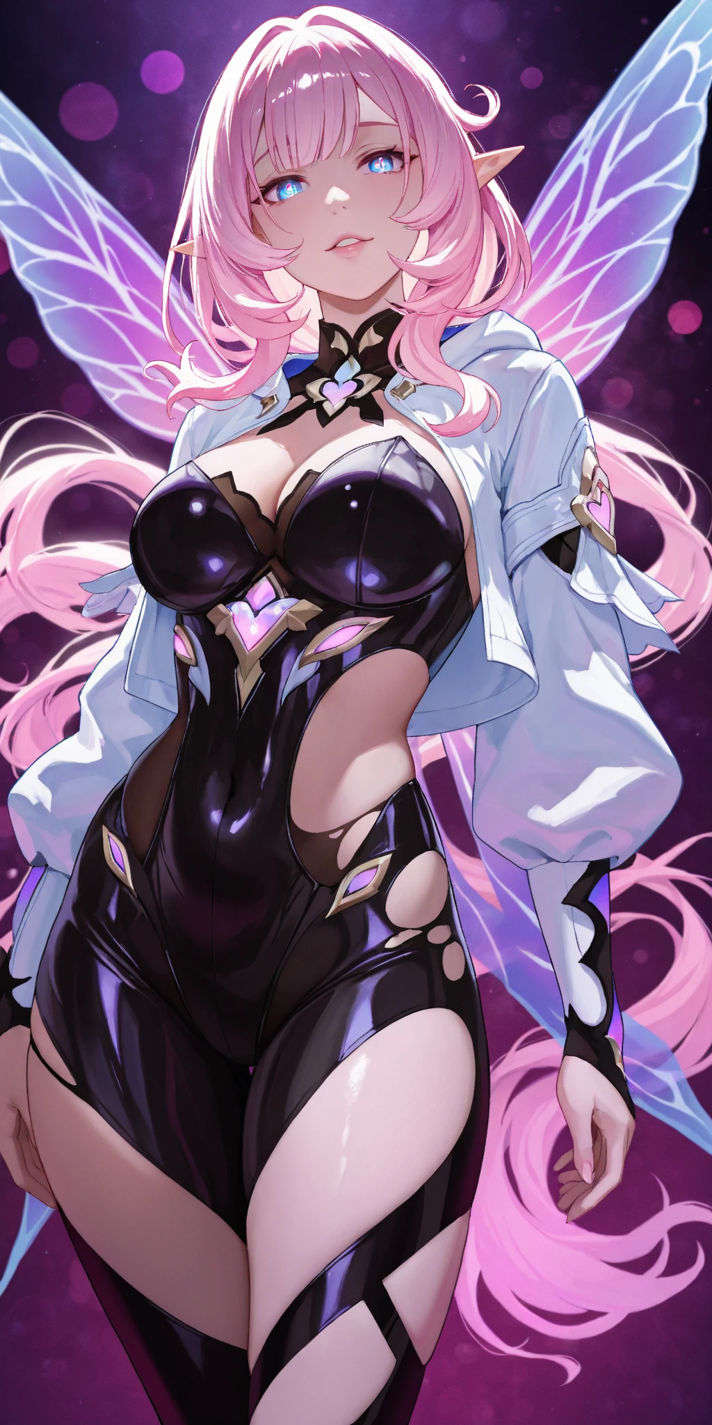 Perfect face. Perfect hands. A pink haired woman with violet eyes and an hourglass figure in a white leather jumpsuit is spinning her scythe on the roof with a bit smile