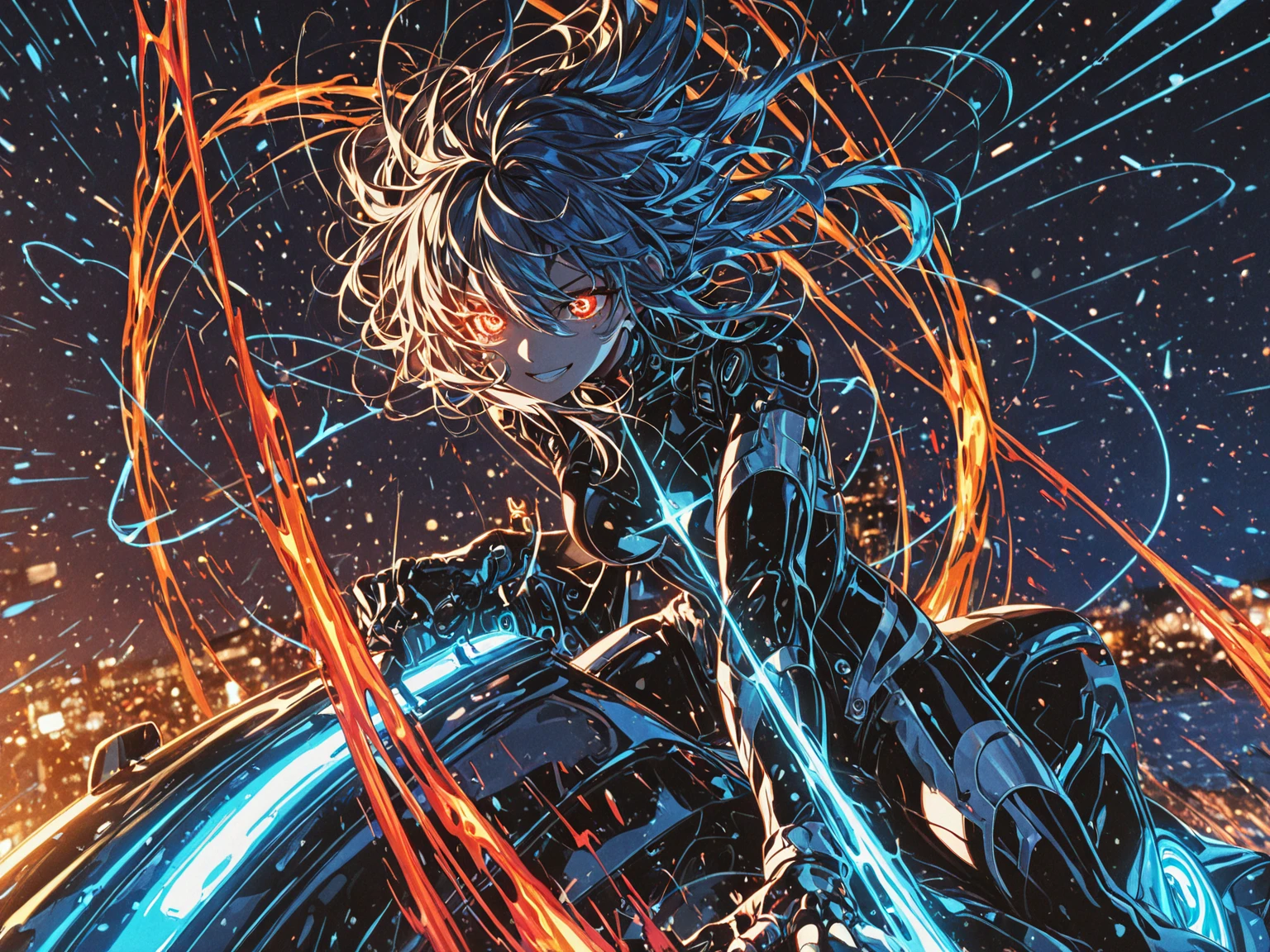 (Epic), (noodle hair), electric arc lighting, electrical sparks, (battle_android_bodyguard_female:1.4), (30 years old:1.3), (muscles:1.4), ((detailed pupils:1.3)), (muay thai, fighting stance), (intricate mech suit), (yandere, creepy_eyes:1.4), white_pale_skin, medium_breast, looking to viewer, fitnes body, dim colors, beautiful lighting, ((wires)), ((cybernetic_arms, mechanical parts)), (circulating_neon_arteries), harsh_neon_lighting, (motion lines), dynamic pose, (intense angle), (detailed transparent hair), slate gray atmosphere, 16k, HD+, (ultra detailed industrial environment background), (high contrast)