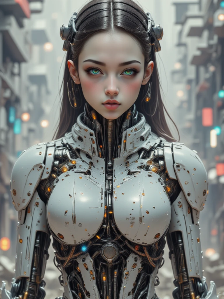 Kizi, robotic goddess, half-human, half-robot, pele humana realisitic, long  hair, dark haired, pose lateral, Robotic Parts, partially human appearance, might, smart, realisitic, QUALITY IMAGE, dystopian background l, Technological Fund, futuristic technology, human race 