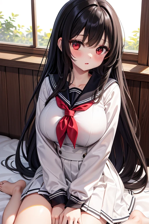 1girl,perfect ,black hair, long hair, (hair over one eye:1.4), messy hair, hair between eyes, plump, chubby,fat, busty breast, cute motif pajama, cute shy blush on , bedroom